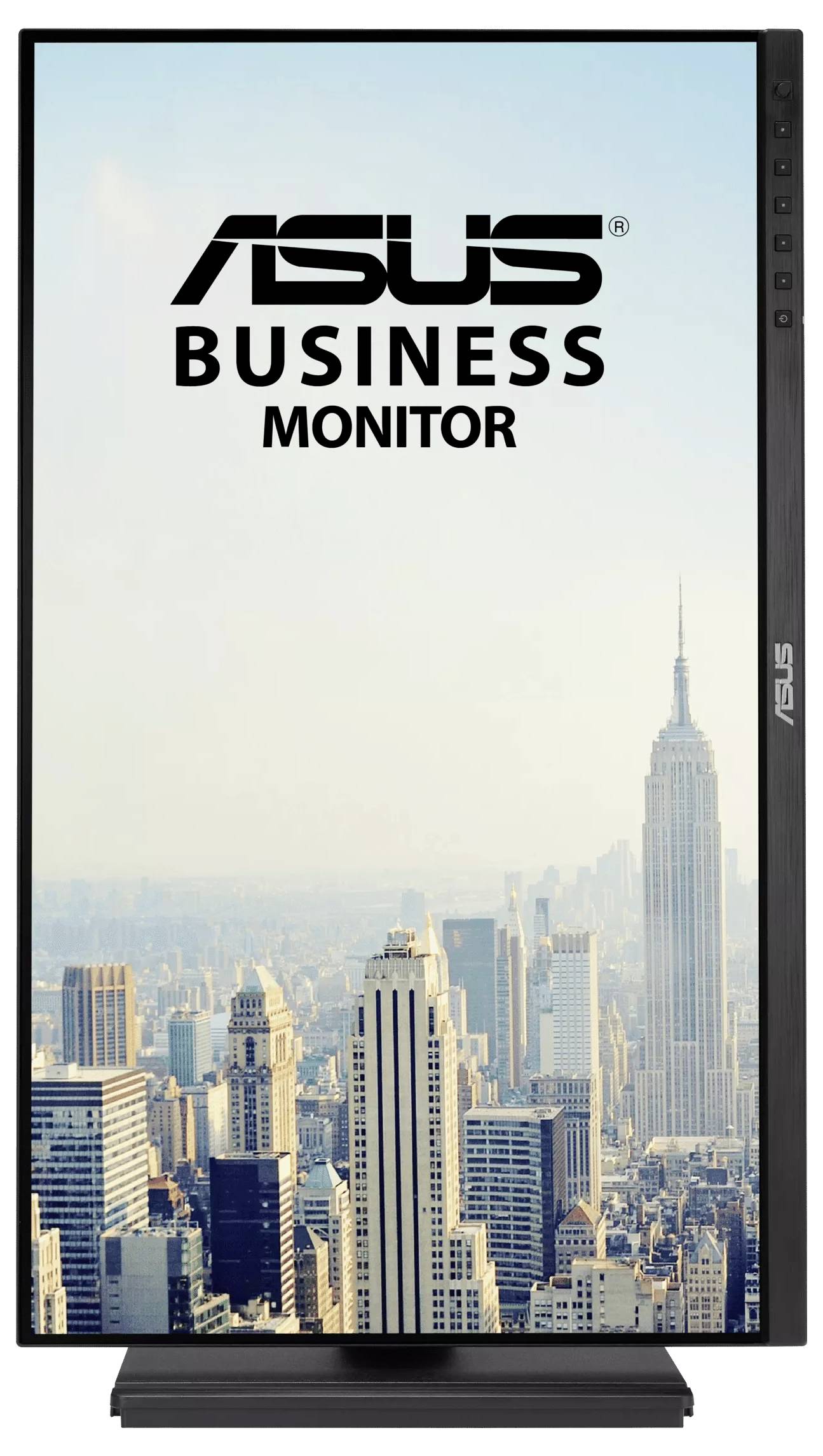 Vertikální monitor zobrazuje siluetu města s textem "ASUS Business Monitor" v horní části.