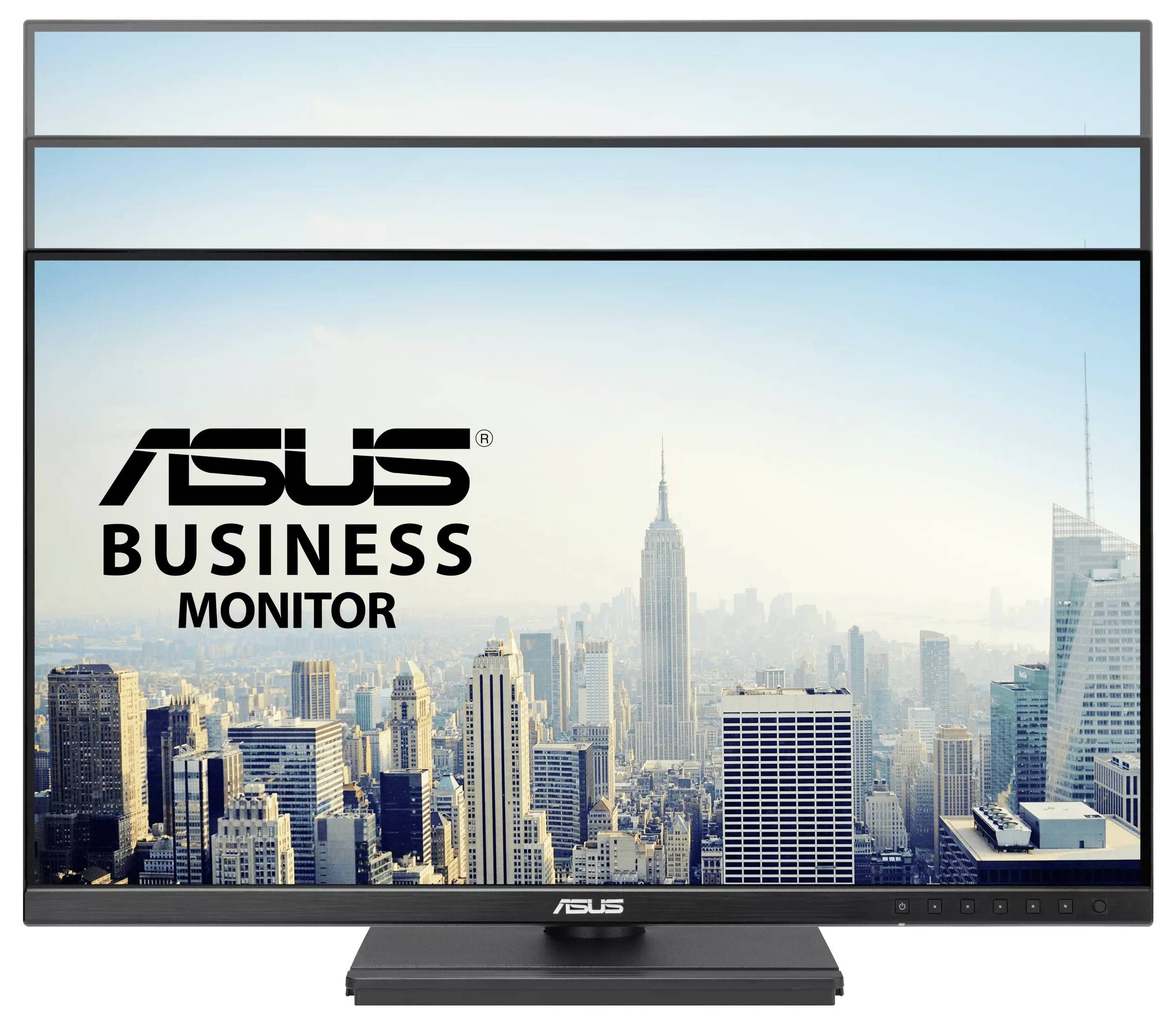 'ASUS Business Monitor' zobrazený nad městskou panoramou s mrakodrapy.