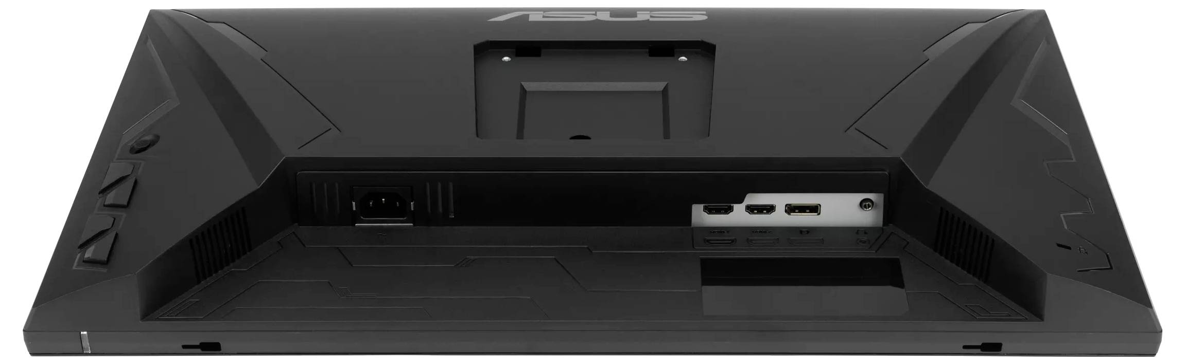 Zadní pohled na černý monitor ASUS s porty napájení a HDMI spolu s otvorem pro vedení kabelů.