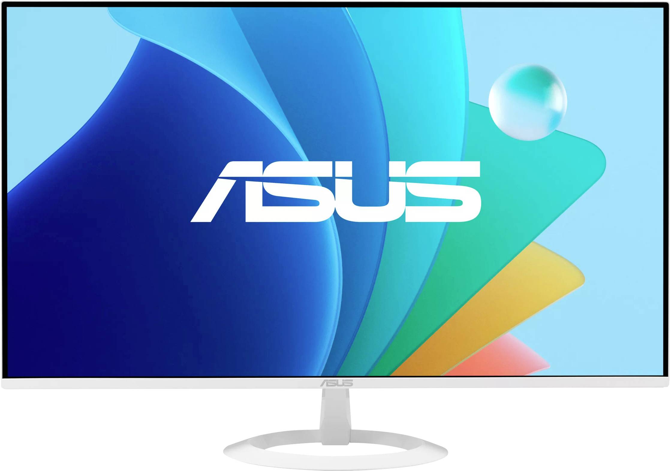 Monitor ASUS s živým abstraktním pozadím v modrých, zelených, žlutých a oranžových tónech, s prominentně umístěným logem ASUS uprostřed.