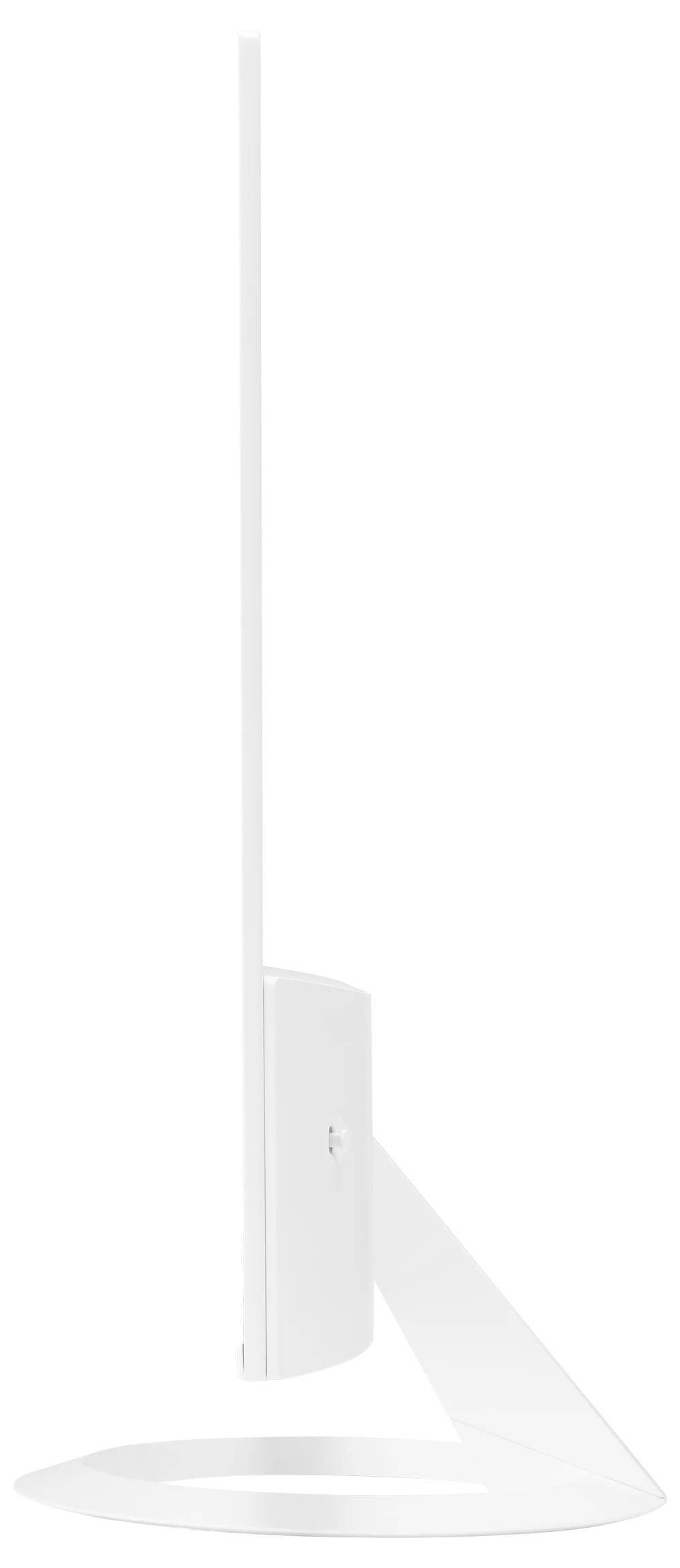 Štíhlý bílý počítačový monitor zobrazený z boku, zdůrazňující jeho tenký profil a minimalistický design podstavce.