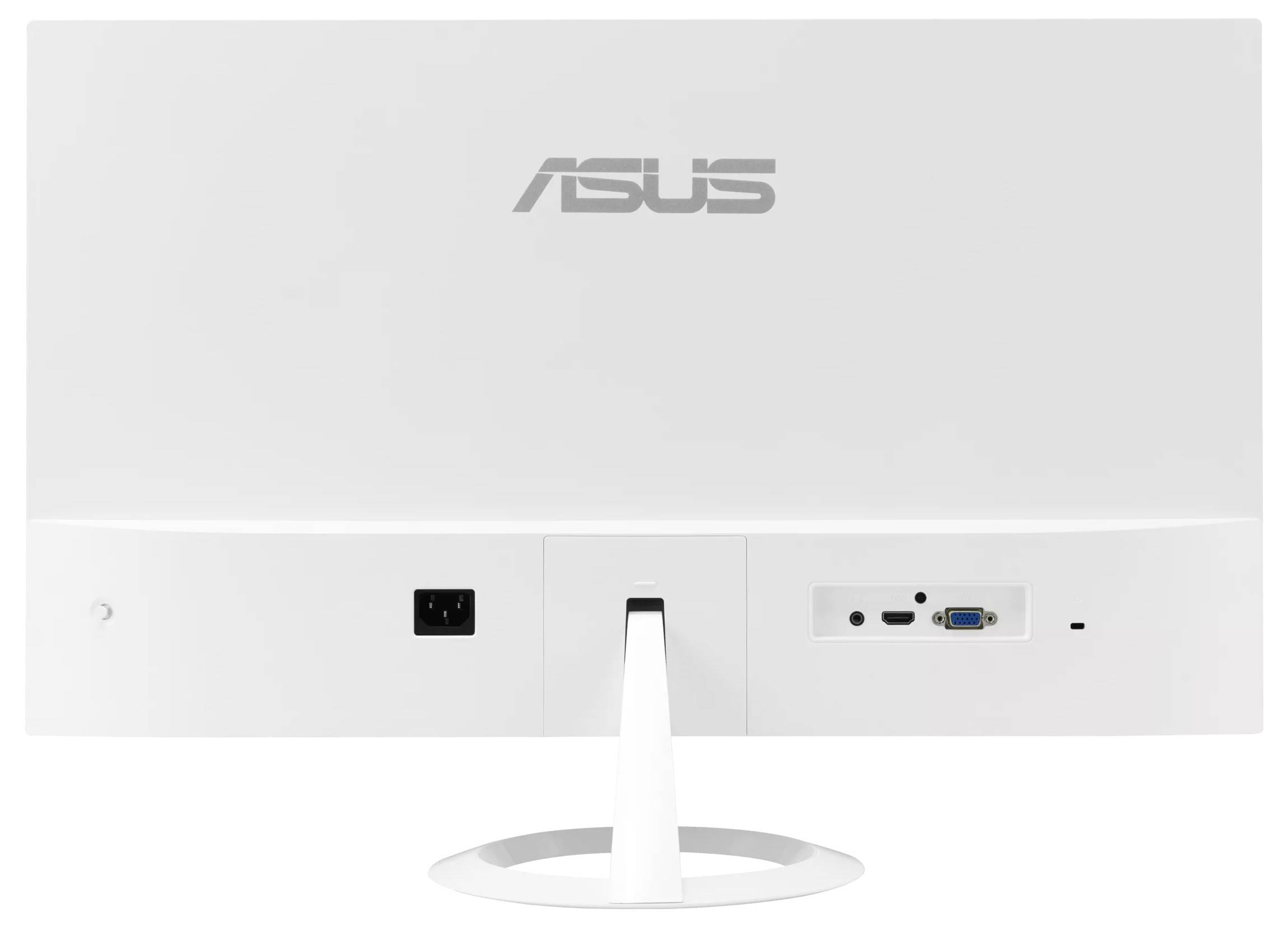 Obrázek ukazuje záda bílého počítačového monitoru ASUS s porty napájení a připojení, včetně vstupů HDMI a VGA.