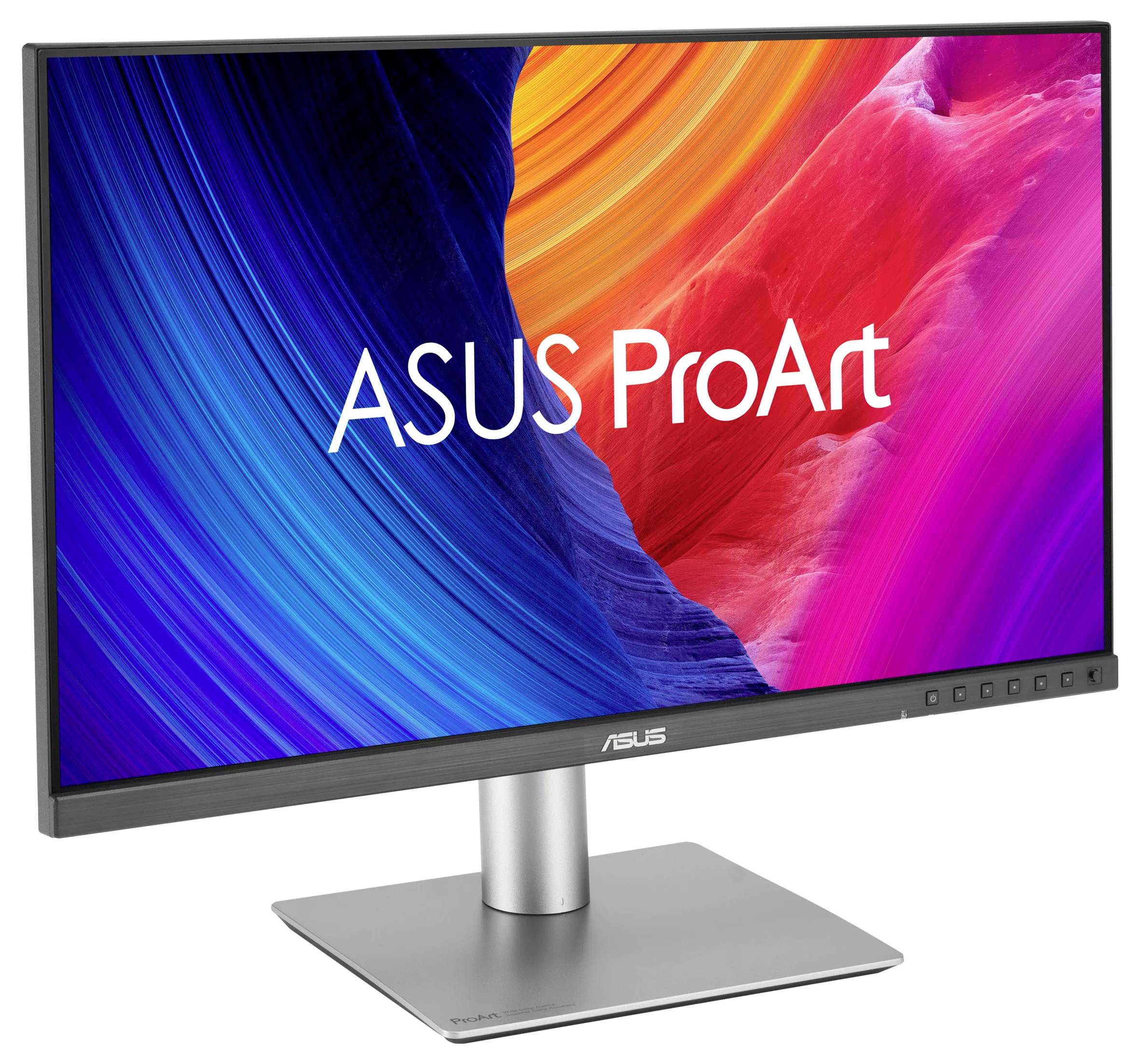 Monitor počítače zobrazující logo „ASUS ProArt" na živém, vícebarvném pozadí.
