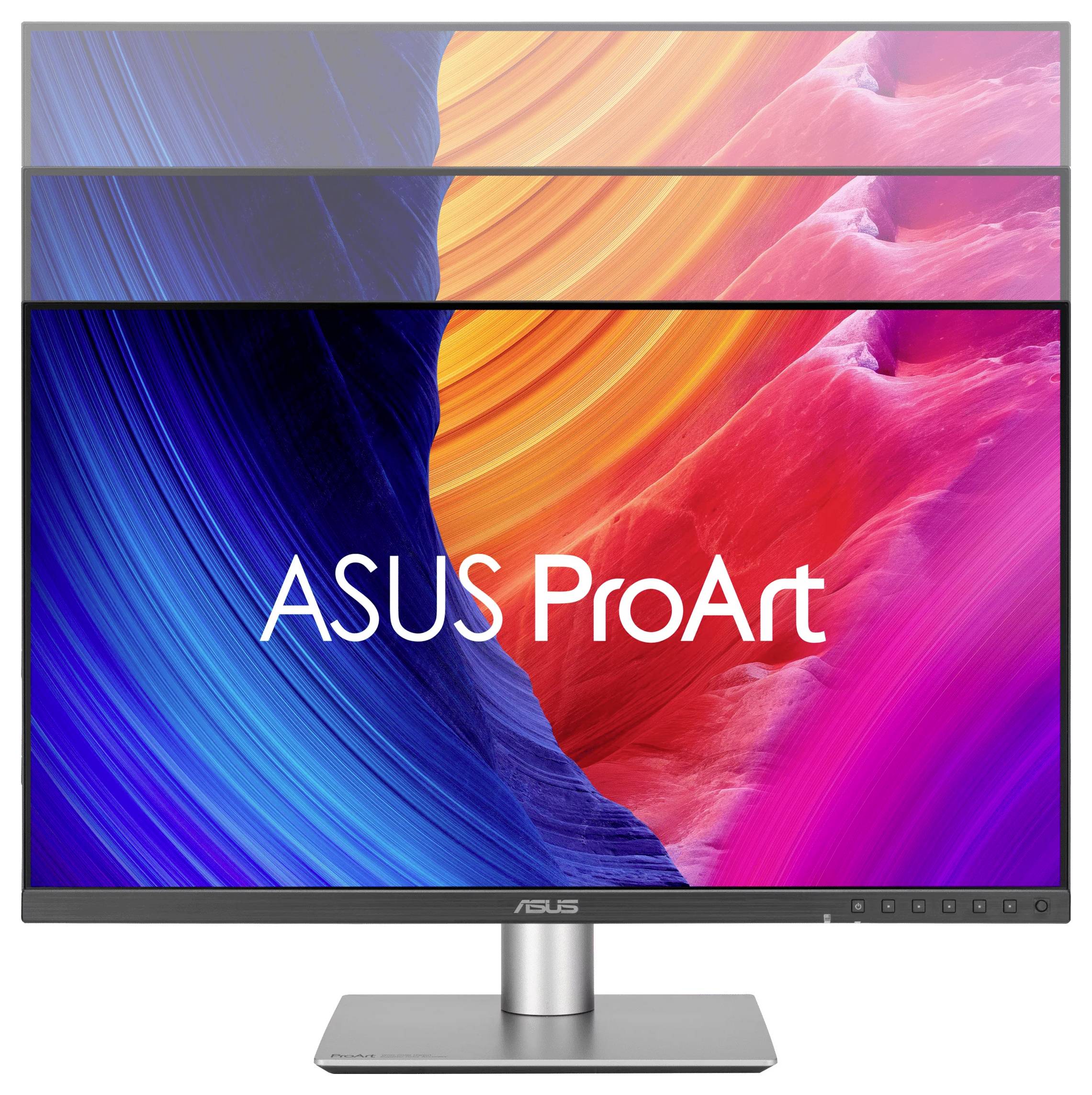 Monitor ASUS ProArt s živým abstraktním pozadím v modré, oranžové a růžové barvě.