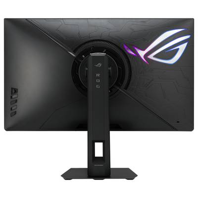 Zadní pohled na černý herní monitor s neonlovým logem a robustním stojanem, který vykazuje elegantní, úhlový design a detaily značky.