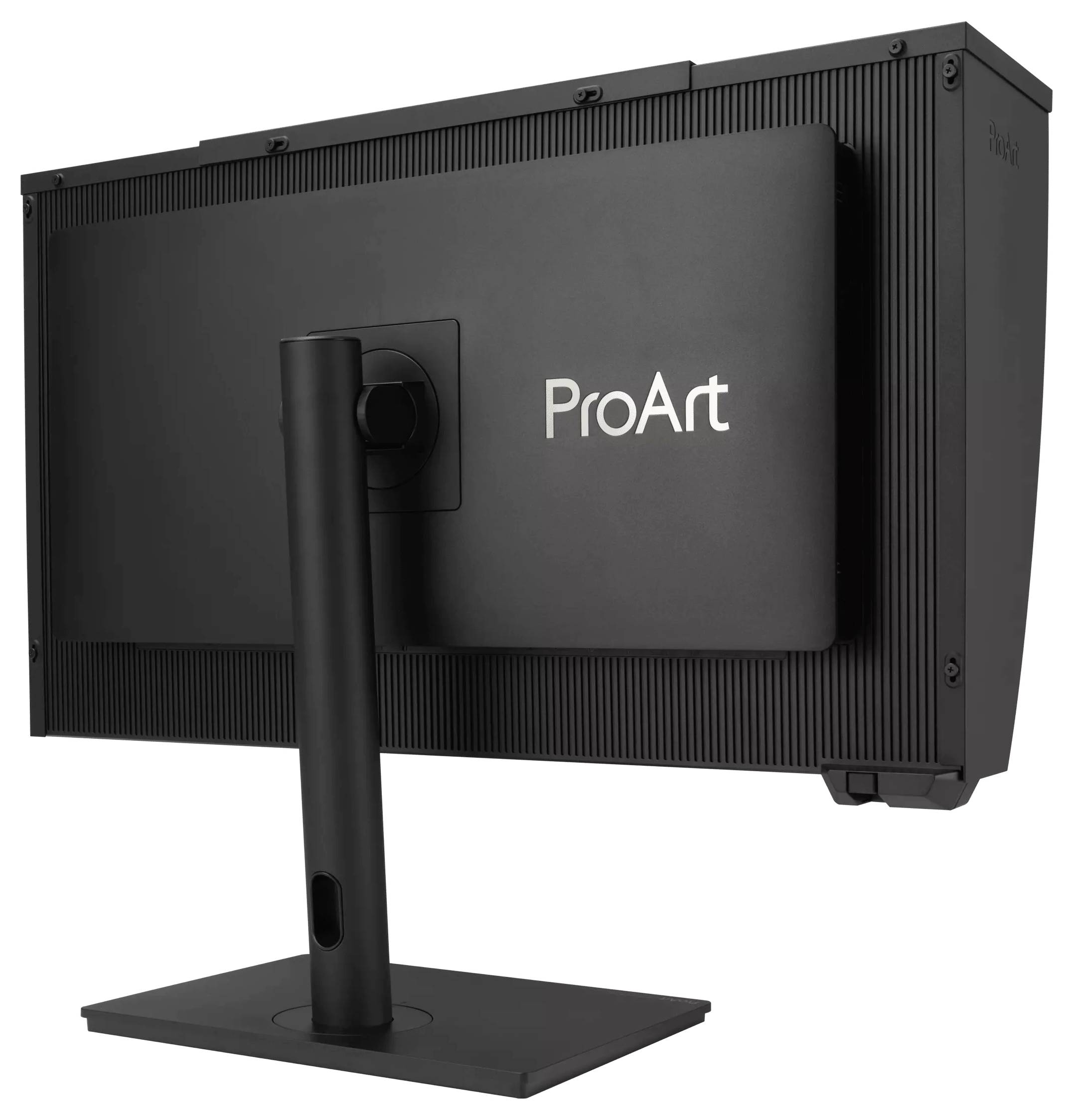 Černý monitor označený "ProArt", pohled ze zadu, se štíhlým stojanem a vroubkovanými detaily na okrajích.