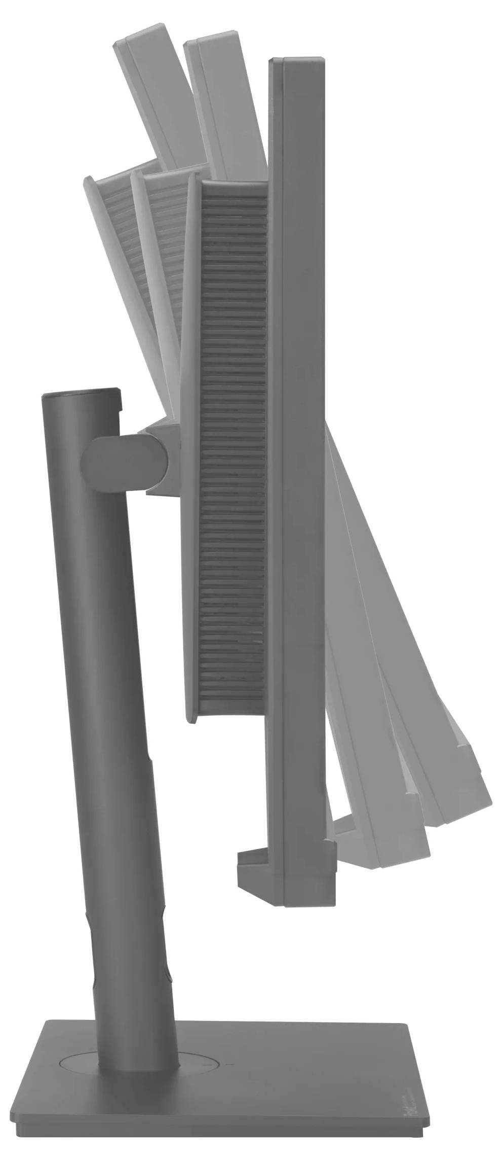 Monitor počítače s nastavitelnou funkcí sklonu je zobrazen ze strany, což demonstruje jeho rozsah pohybu pro ergonomické umístění.