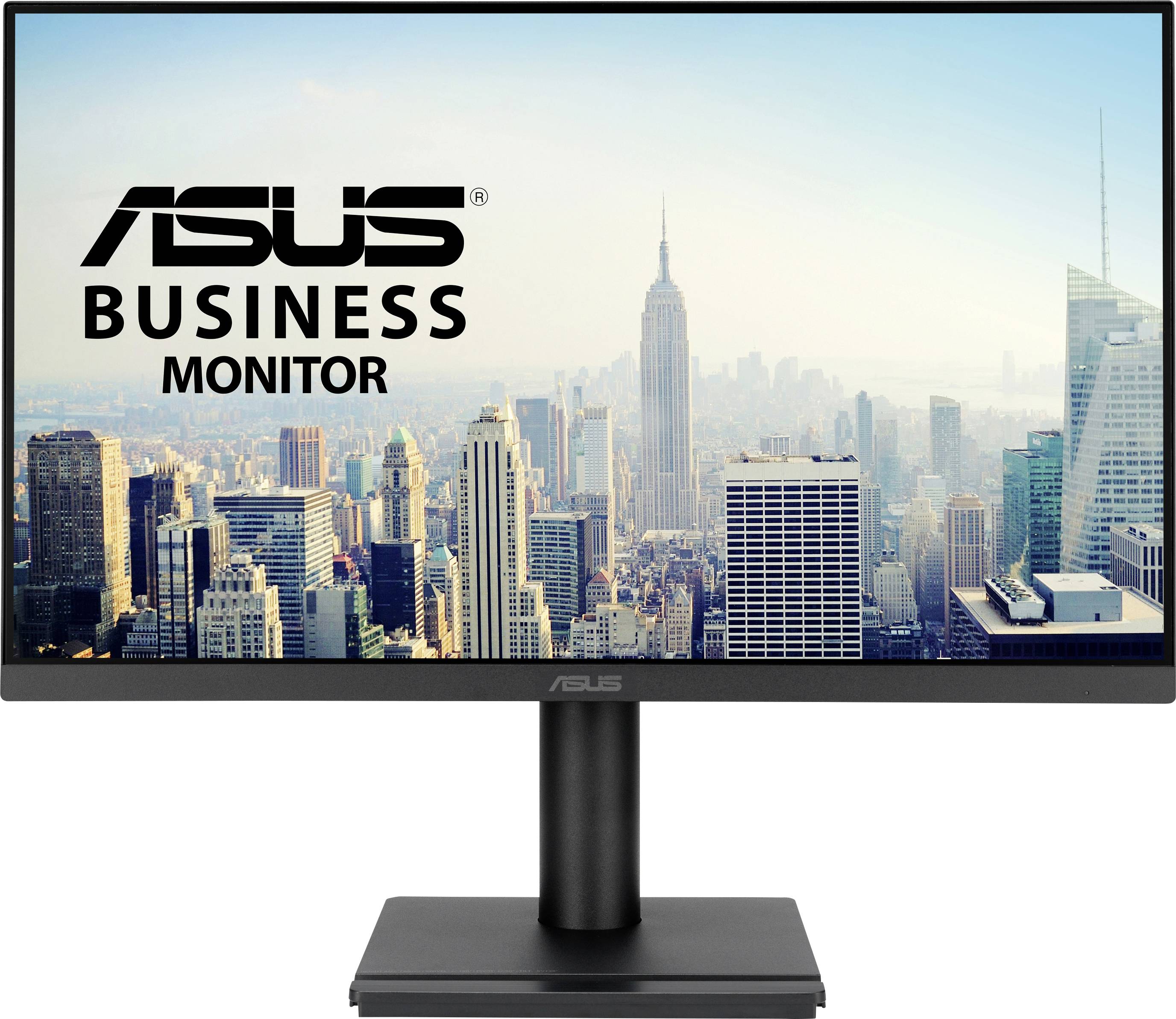 Monitor zobrazující městský horizont s textem "ASUS Business Monitor", který zdůrazňuje jeho vhodnost pro profesionální prostředí.