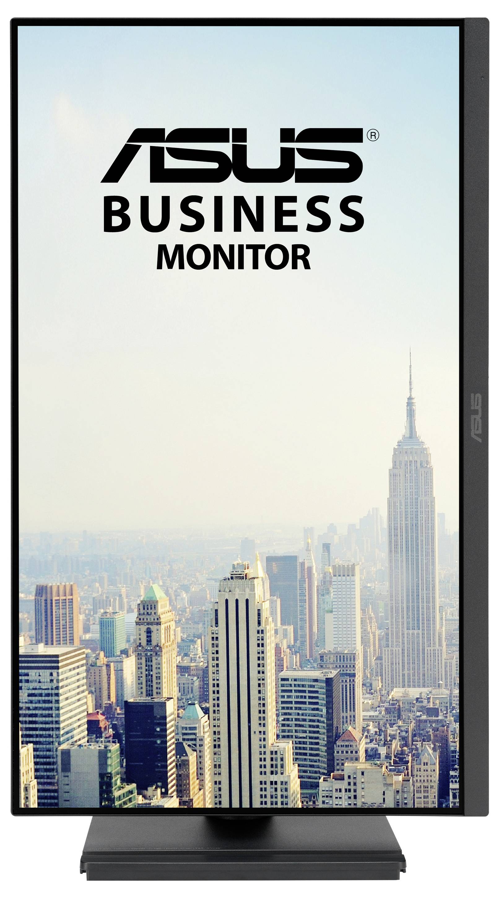 Vysoký monitor zobrazující 'ASUS Business Monitor' nad městskou silhouetou se mrakodrapy, což naznačuje využití pro profesionální nebo kancelářskou práci.