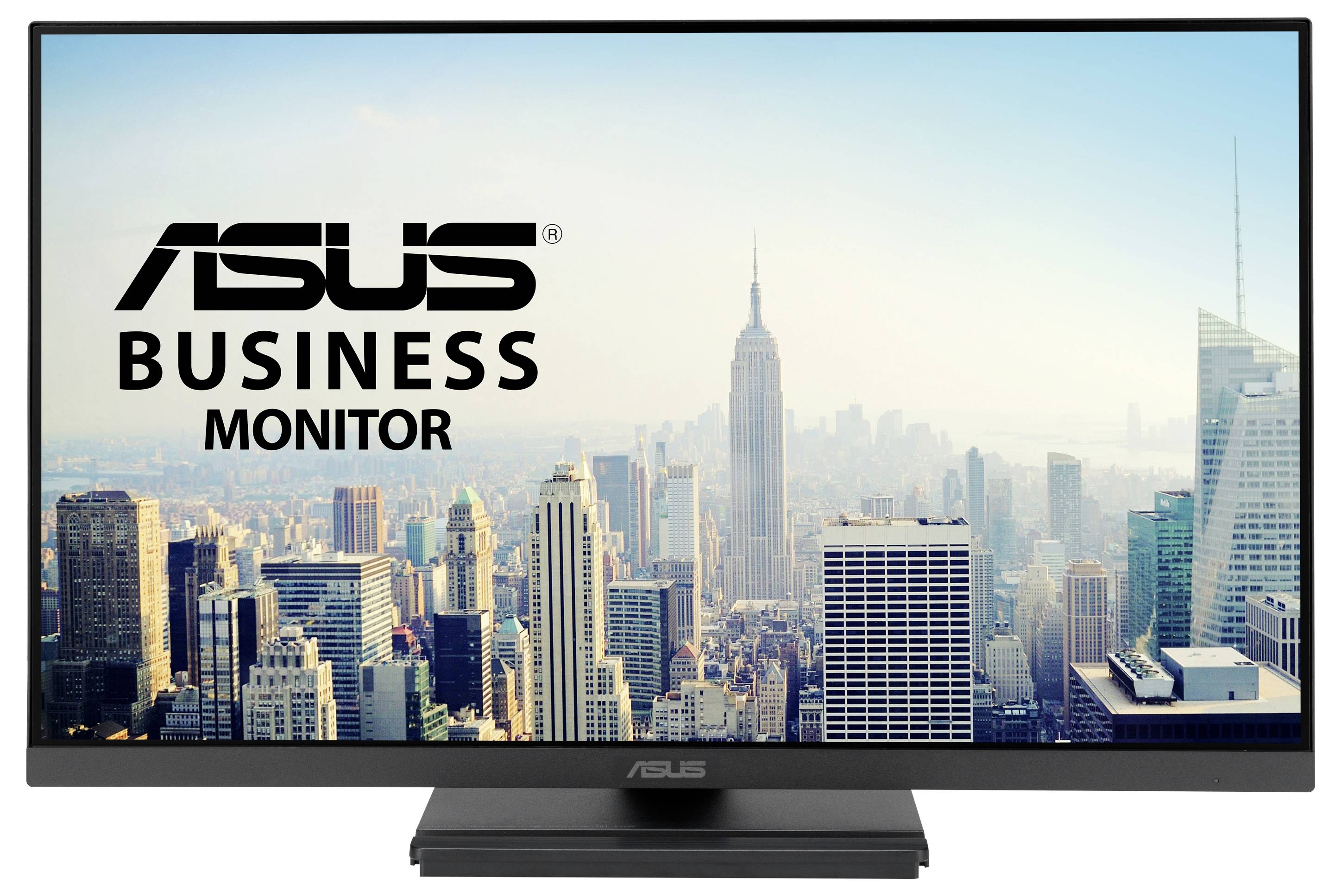 Monitor ASUS Business pro pracovníka zobrazující městskou siluetu s vysokými budovami pod modrou oblohou.