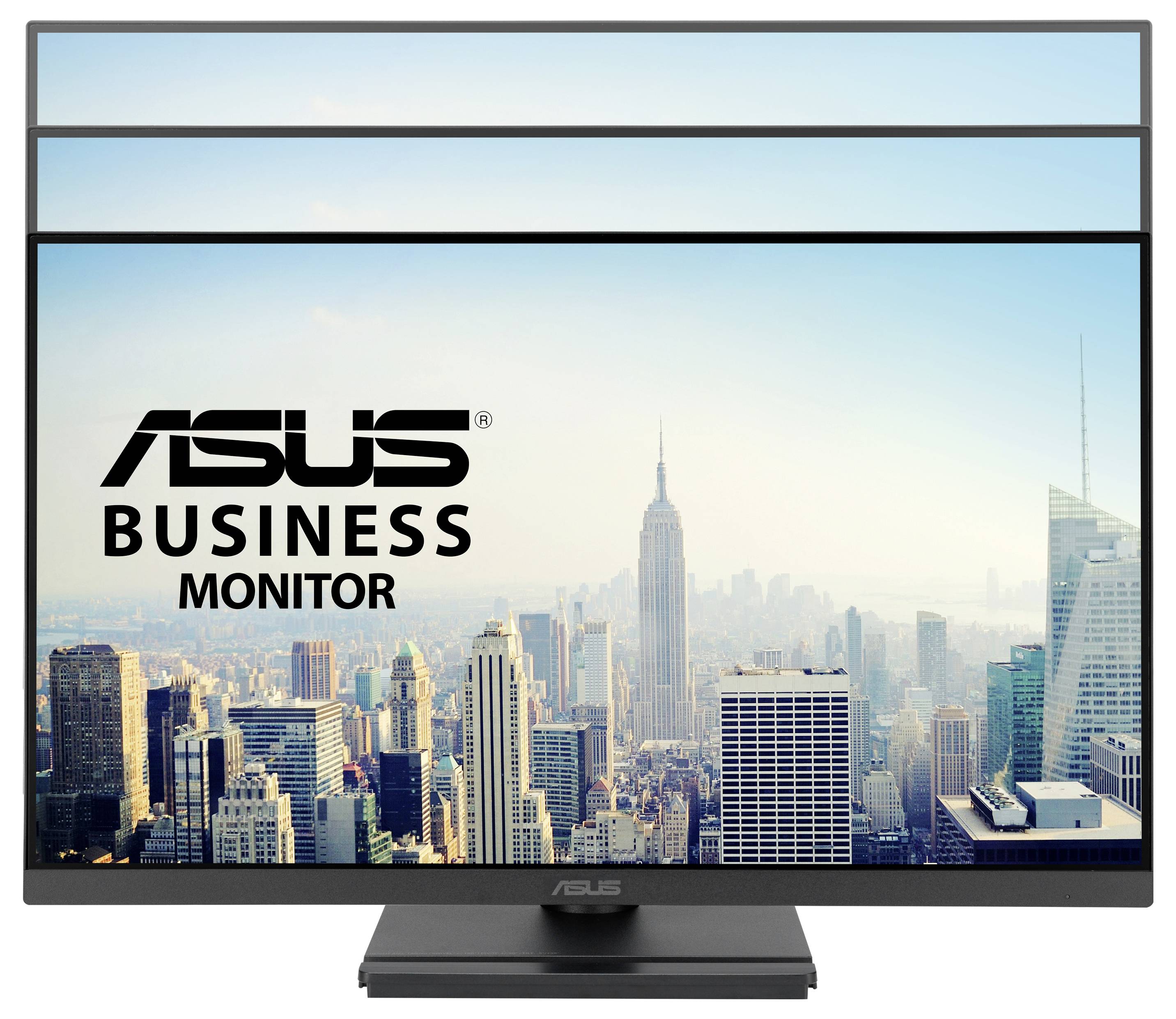 Obchodní monitor Asus zobrazující městský panorama s Empire State Building, přičemž představuje velikost monitoru a vizuální ostrost.