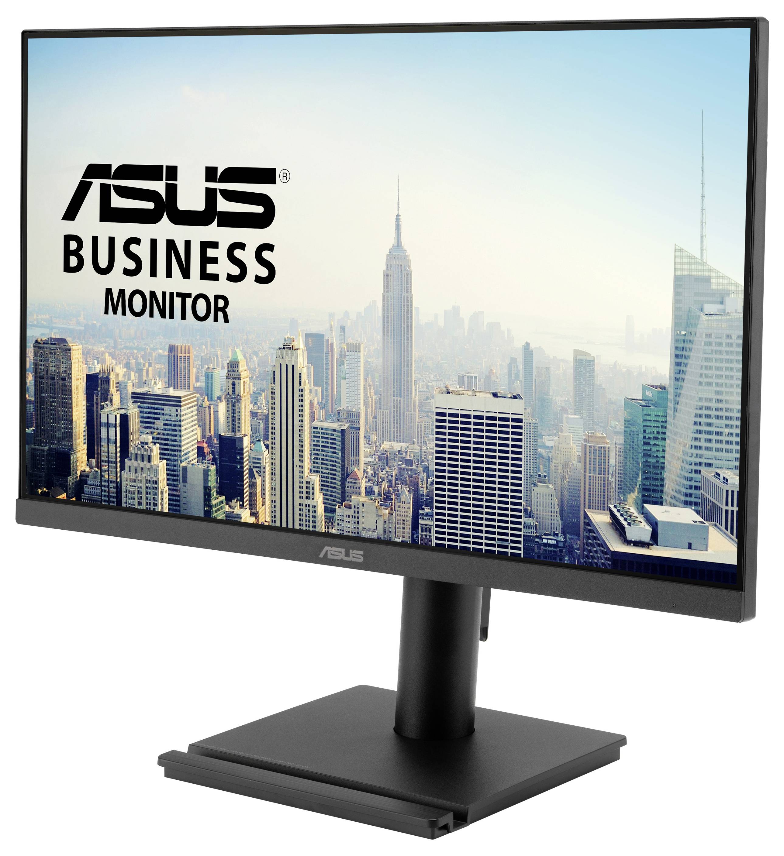ASUS obchodní monitor zobrazující městskou siluetu s výrazným mrakodrapem podobným Empire State Building.