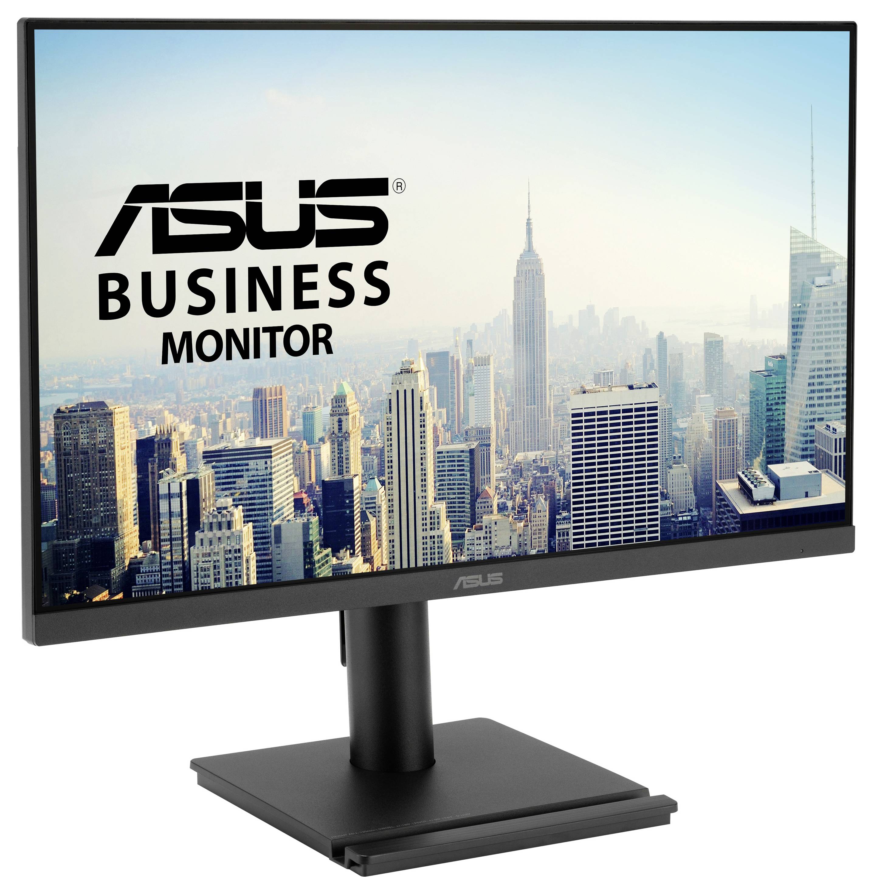 Monitor zobrazující městskou siluetu s textem „ASUS Business Monitor" na obrazovce. Monitor má elegantní, černý design.