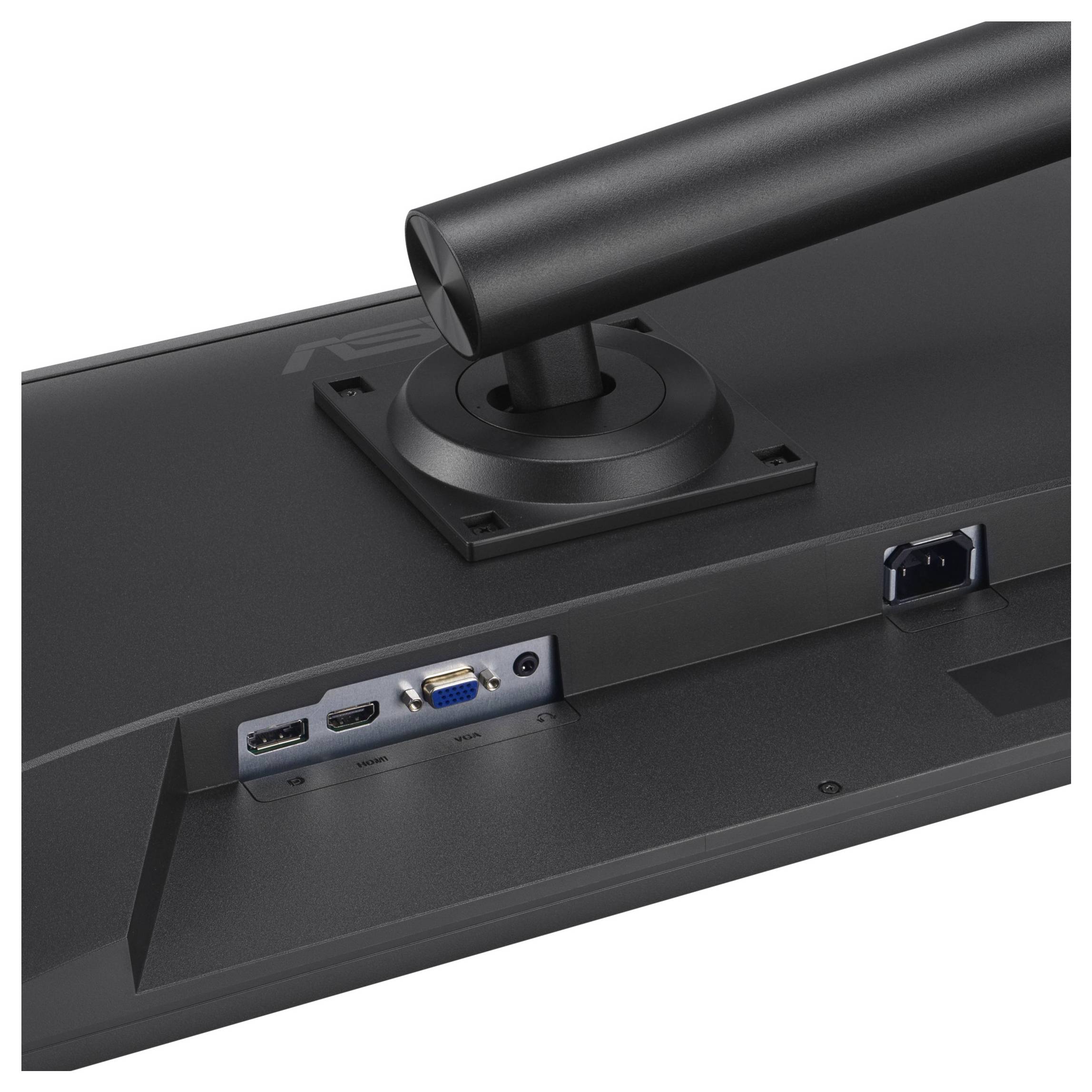 Zadní pohled na počítačový monitor zobrazující porty HDMI, VGA a USB umístěné vedle připojení stojanu monitoru.