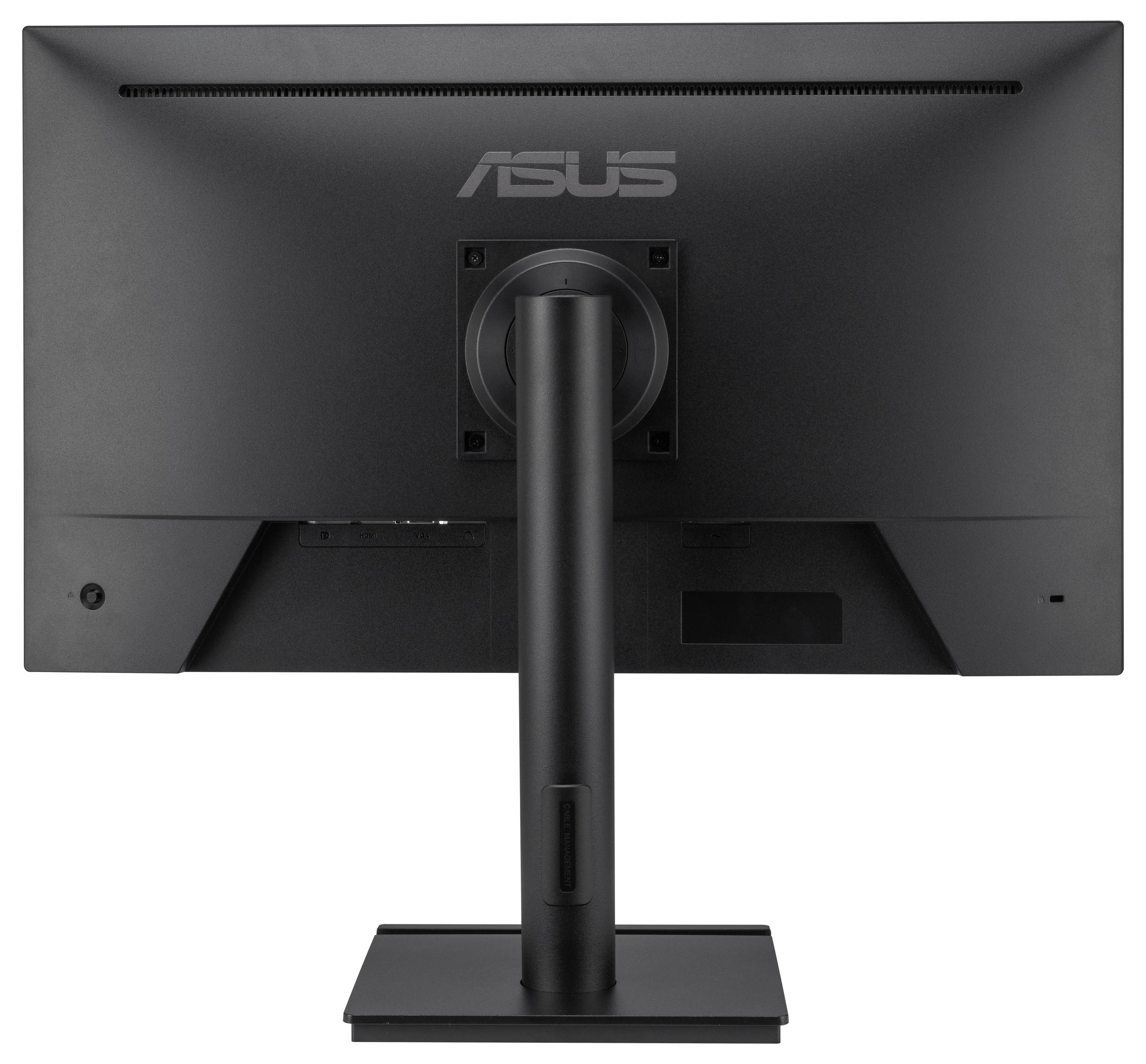 Zadní pohled na černý počítačový monitor ASUS na stojanu, zobrazující centrální podporu a porty pro připojení, na bílém pozadí.