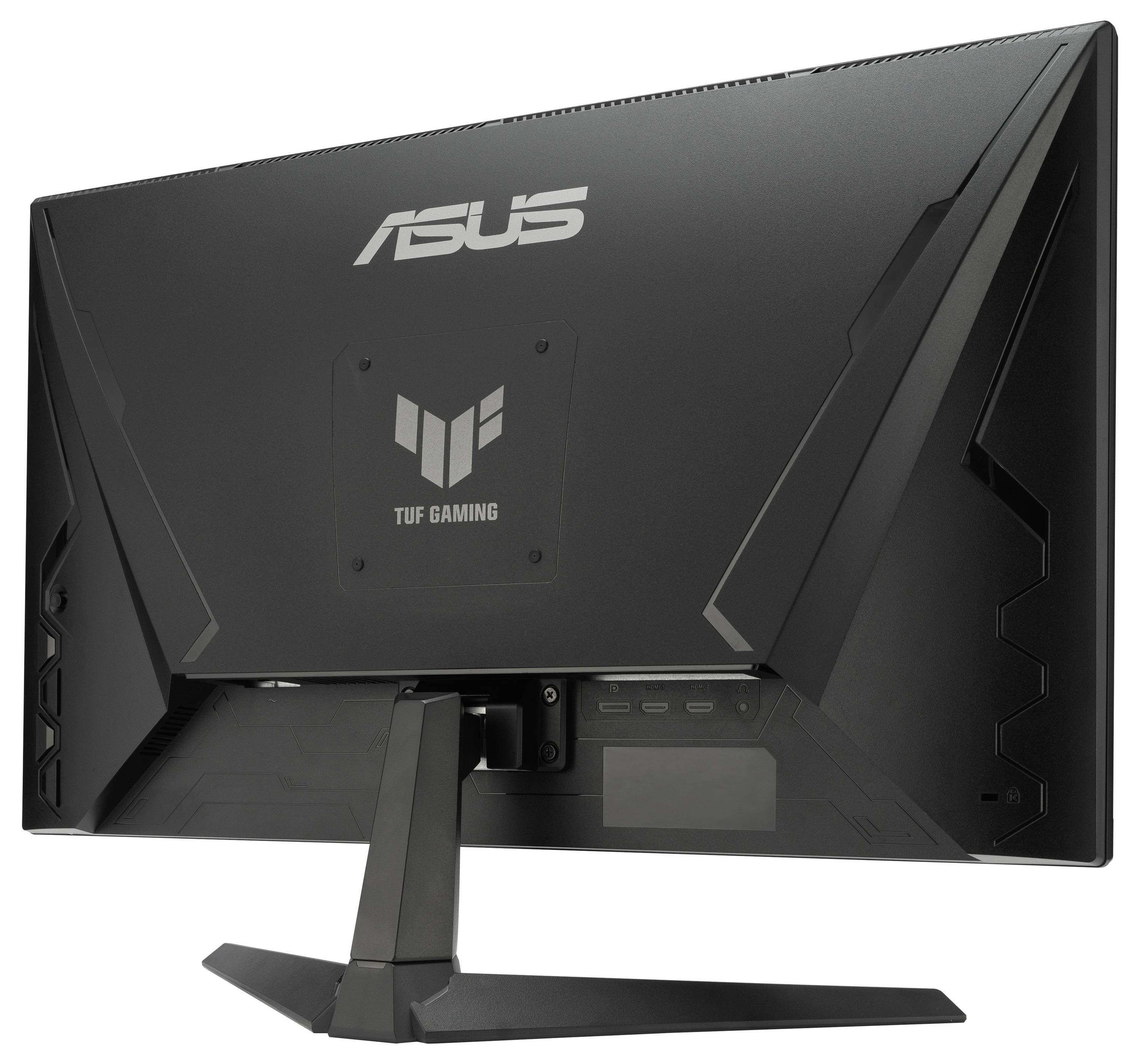 Zadní pohled na herní monitor Asus TUF Gaming ukazující jeho úhlový design a kompatibilitu se VESA mountem.