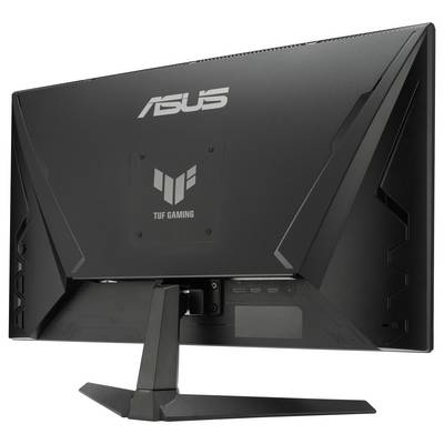 Zadní pohled na herní monitor Asus TUF Gaming ukazující jeho úhlový design a kompatibilitu se VESA mountem.