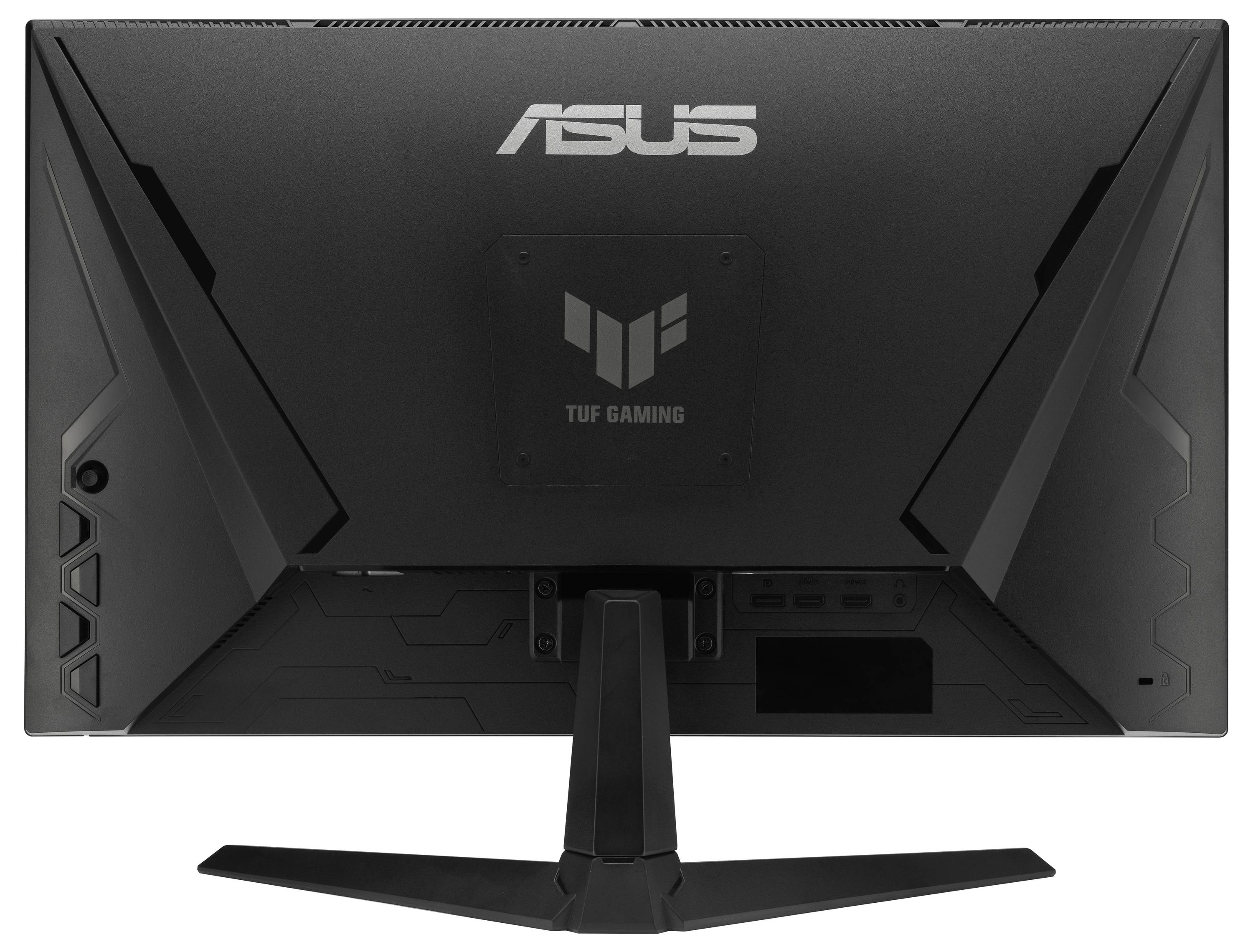 Obrázek ukazuje zadní stranu herního monitoru ASUS TUF Gaming. Vyznačuje se úhlovitým designem s logy značky a více ovládacími tlačítky.