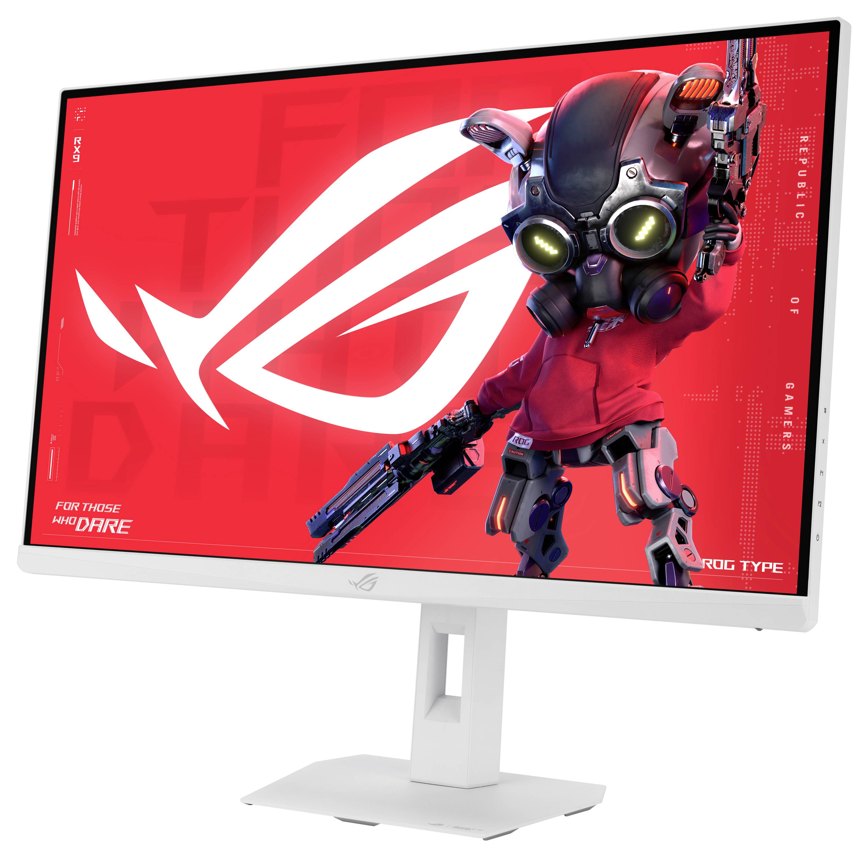 Na herním monitoru se zobrazuje robotická postava se svítícími očima před jasně červeným pozadím, na kterém se nachází stylizované bílé logo.