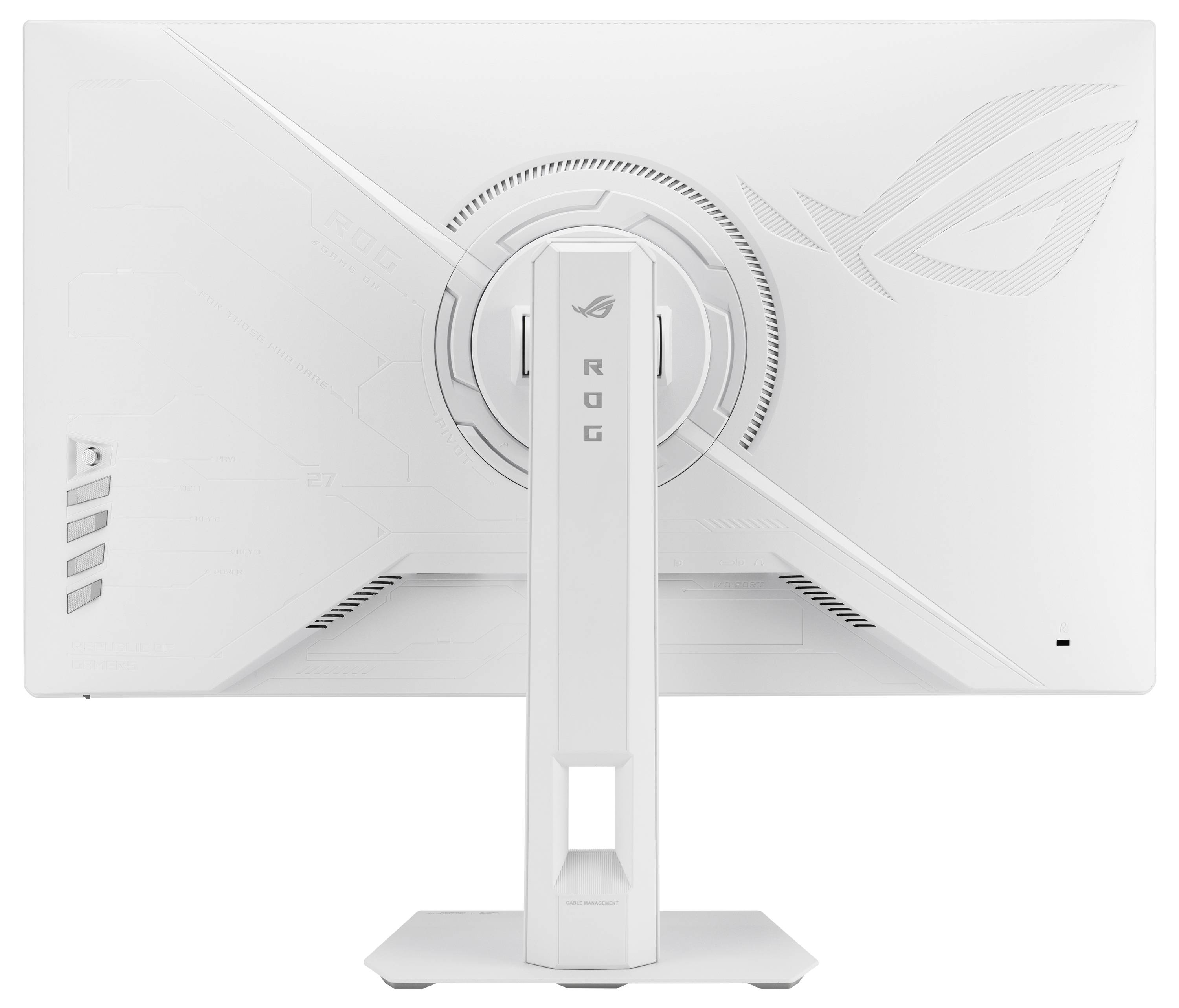 Monitor 'ASUS TUF Gaming' s úhlovaným stojanem, černým rámem a žluto-oranžovým logem na displeji.