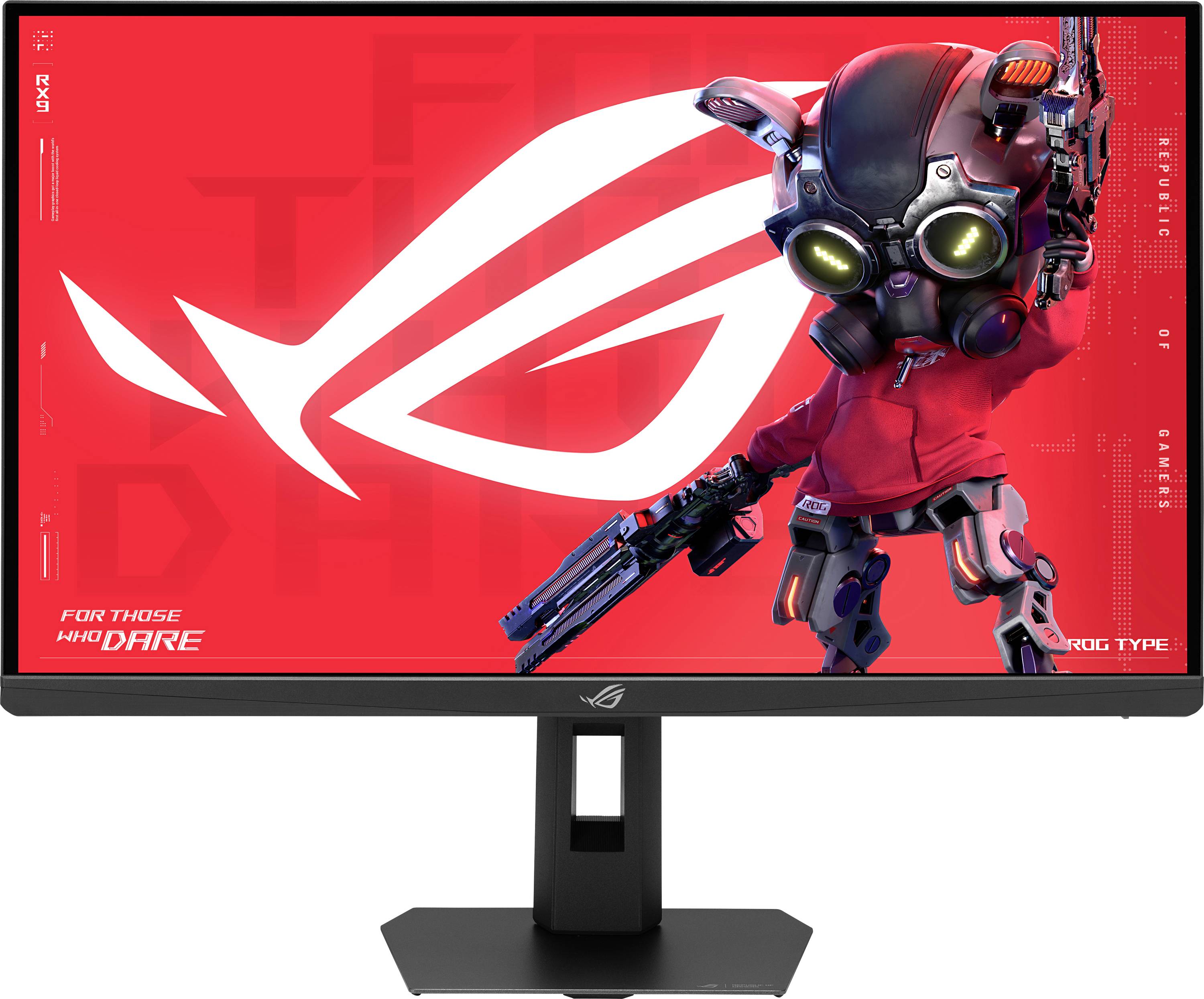Herní monitor zobrazuje červenou obrazovku s robotickou postavou držící zbraň. Logo "ROG" a slogan "Pro ty, kteří se odvážejí" jsou viditelné.
