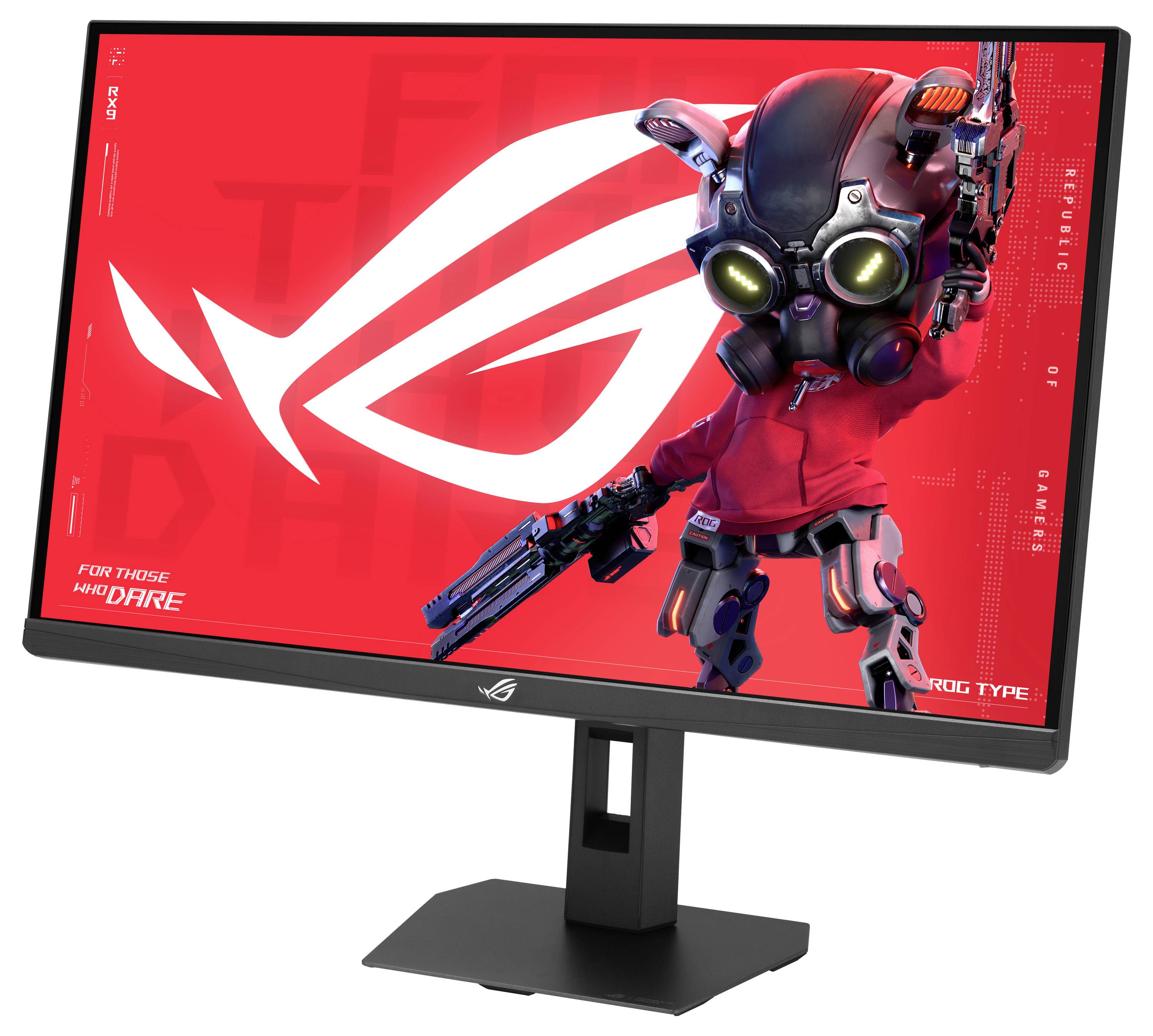 Zakřivený počítačový monitor zobrazující herní motiv s postavou robota držícího futuristickou zbraň na živě červeném pozadí.