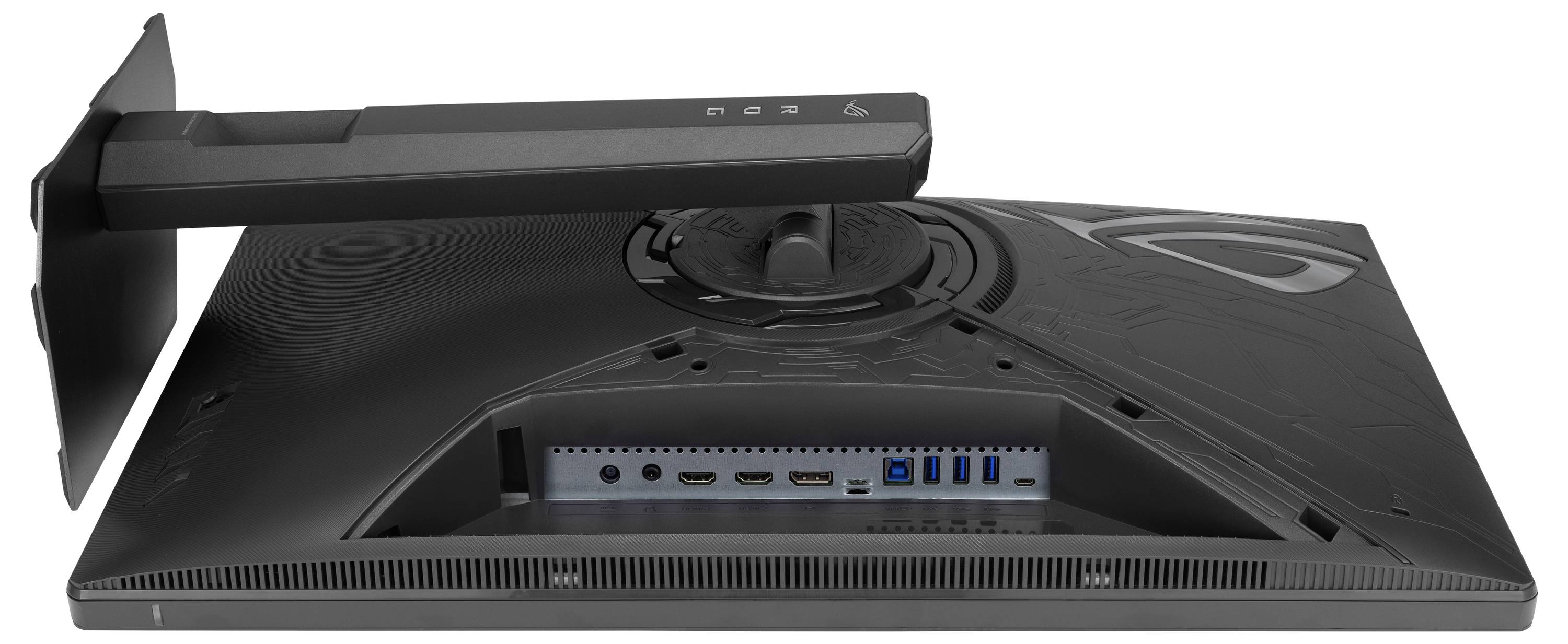 Pohled zezadu na počítačový monitor zobrazující porty, včetně HDMI, DisplayPort, USB a napájecího vstupu, s nastavitelným stojanem.