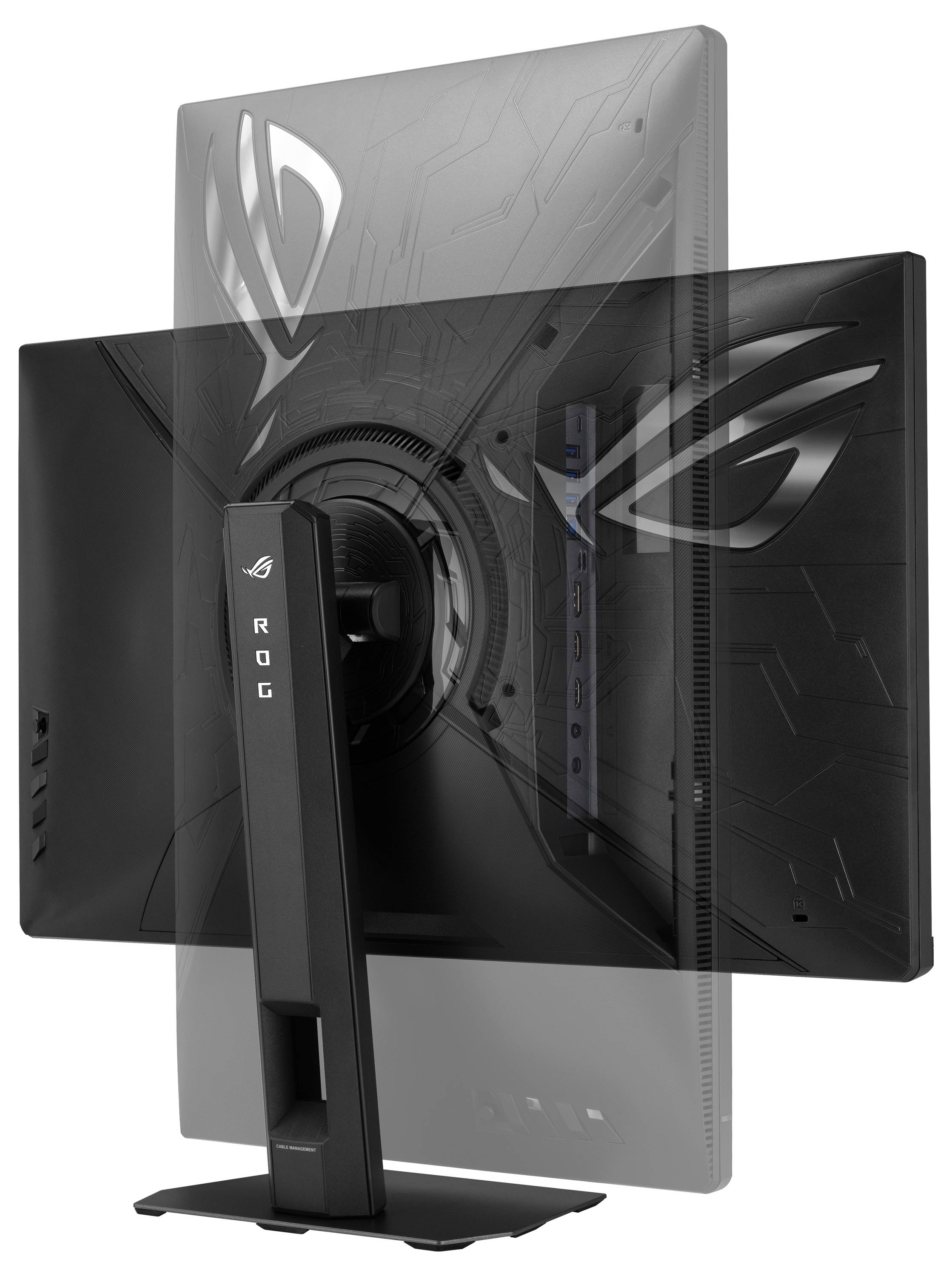 Obrázek ukazuje zadní stranu černého herního monitoru s logem ROG, která má elegantní stojan a stylizovaný design loga.