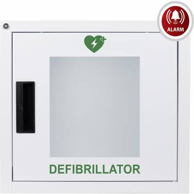 Nástěnná skříňka defibrilátoru s alarmem a zelenou ikonou blesku na srdci, označená "DEFIBRILÁTOR".