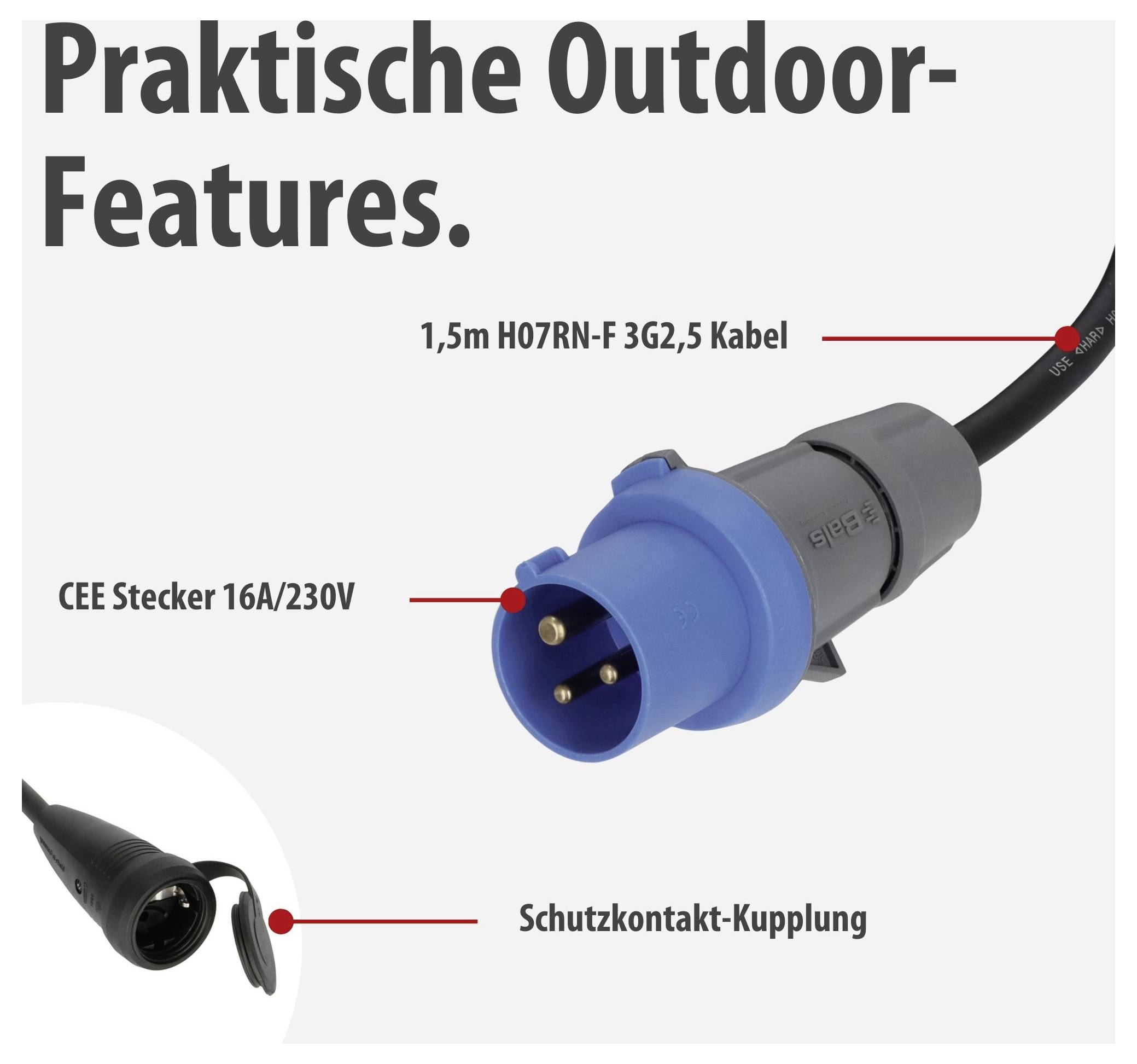 Infografika praktických outdoorových funkcí: modrá CEE zásuvka 16A/230V s 1,5 m kabelem H07RN-F 3G2,5 a ochranným kolíkem.