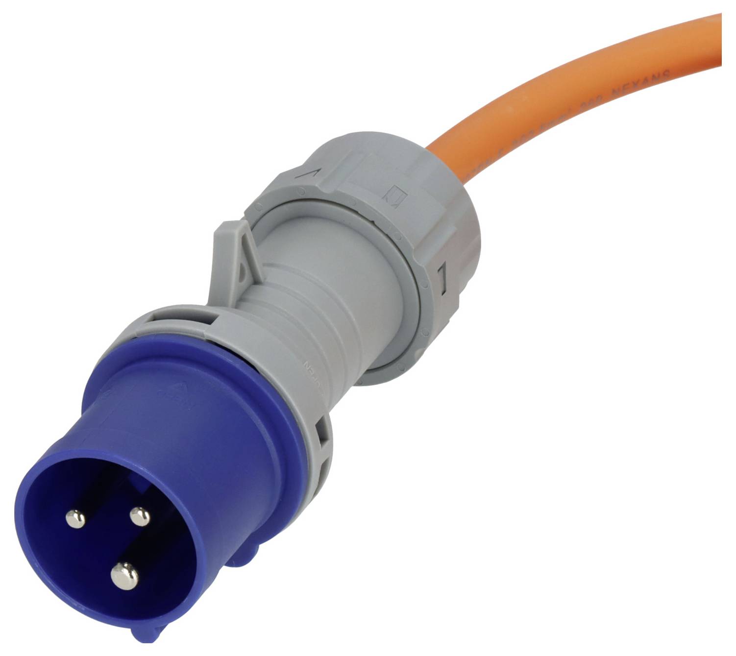 Přiblížení oranžového kabelu končícího v modrém a šedém průmyslovém třístiftovém zásuvkovém konektoru.