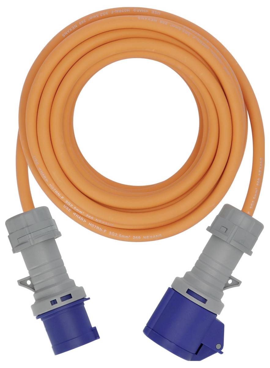 Stočený oranžový elektrický kabel se dvěma šedo-modrými průmyslovými konektory na bílém pozadí.