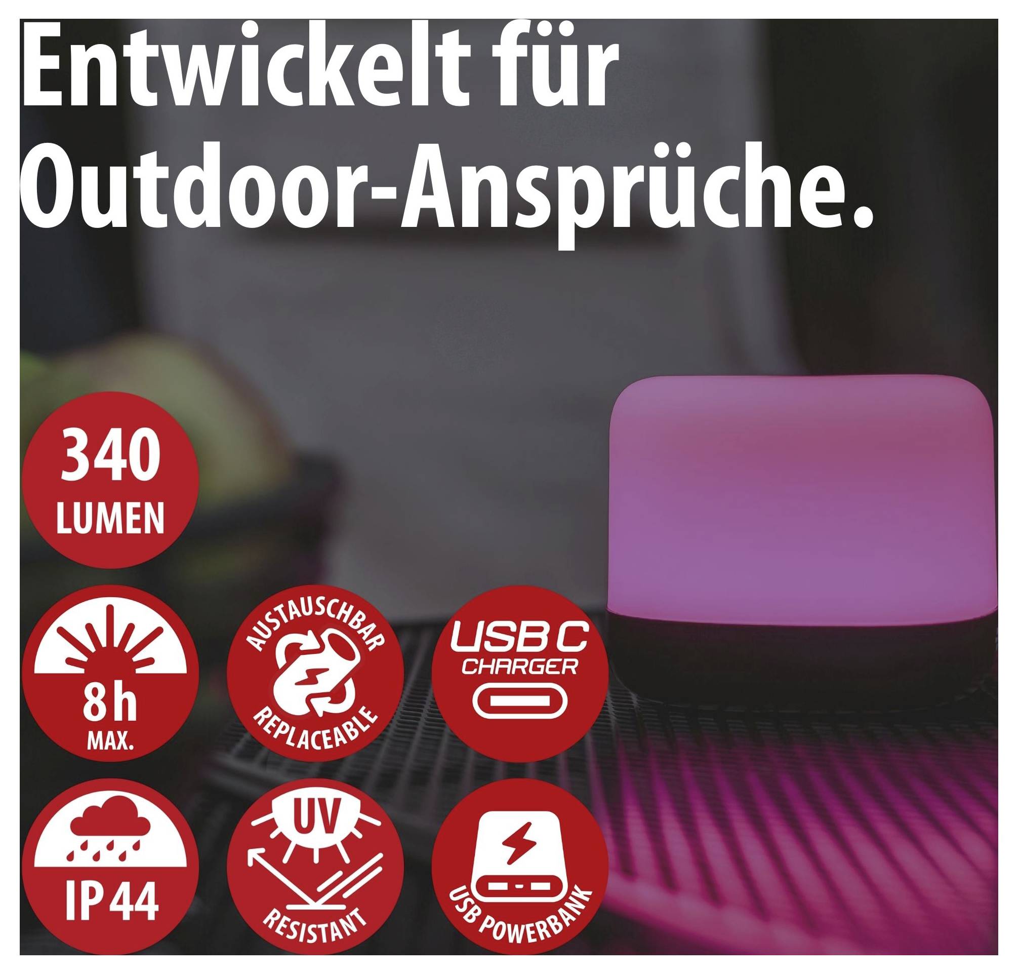 Reklamní grafika pro venkovní lampu se sloganem 'Vyvinuta pro venkovní nároky.', 340 lumenů, 8 hodin provozu, IP44, odolná vůči UV záření, vyměnitelná, nabíječka USB-C a USB powerbank.