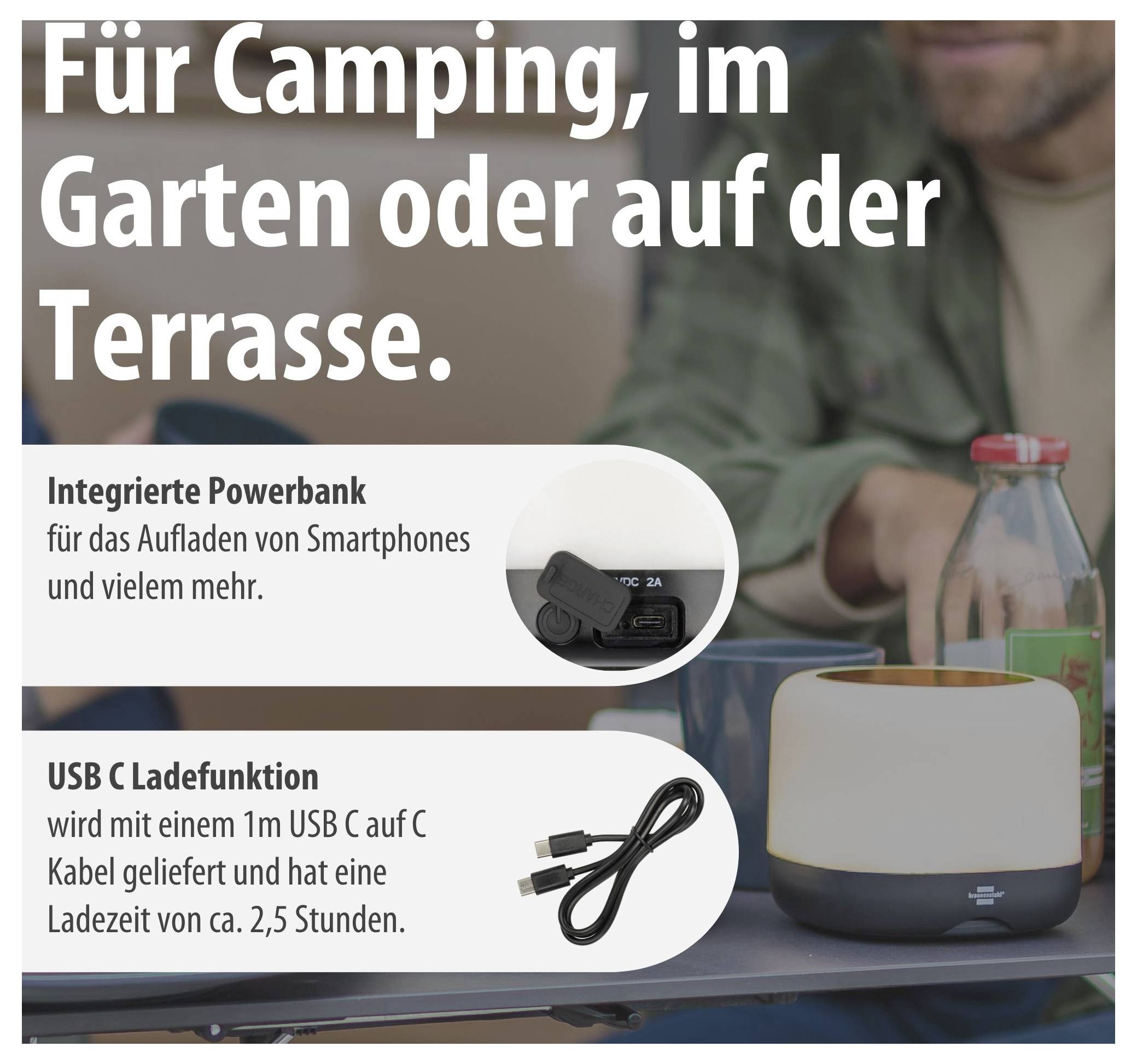 Reklamní grafika pro campingovou lampu s integrovanou powerbankou a funkcí nabíjení USB-C; text zmiňuje použití na kempování, v zahradě nebo na terase.