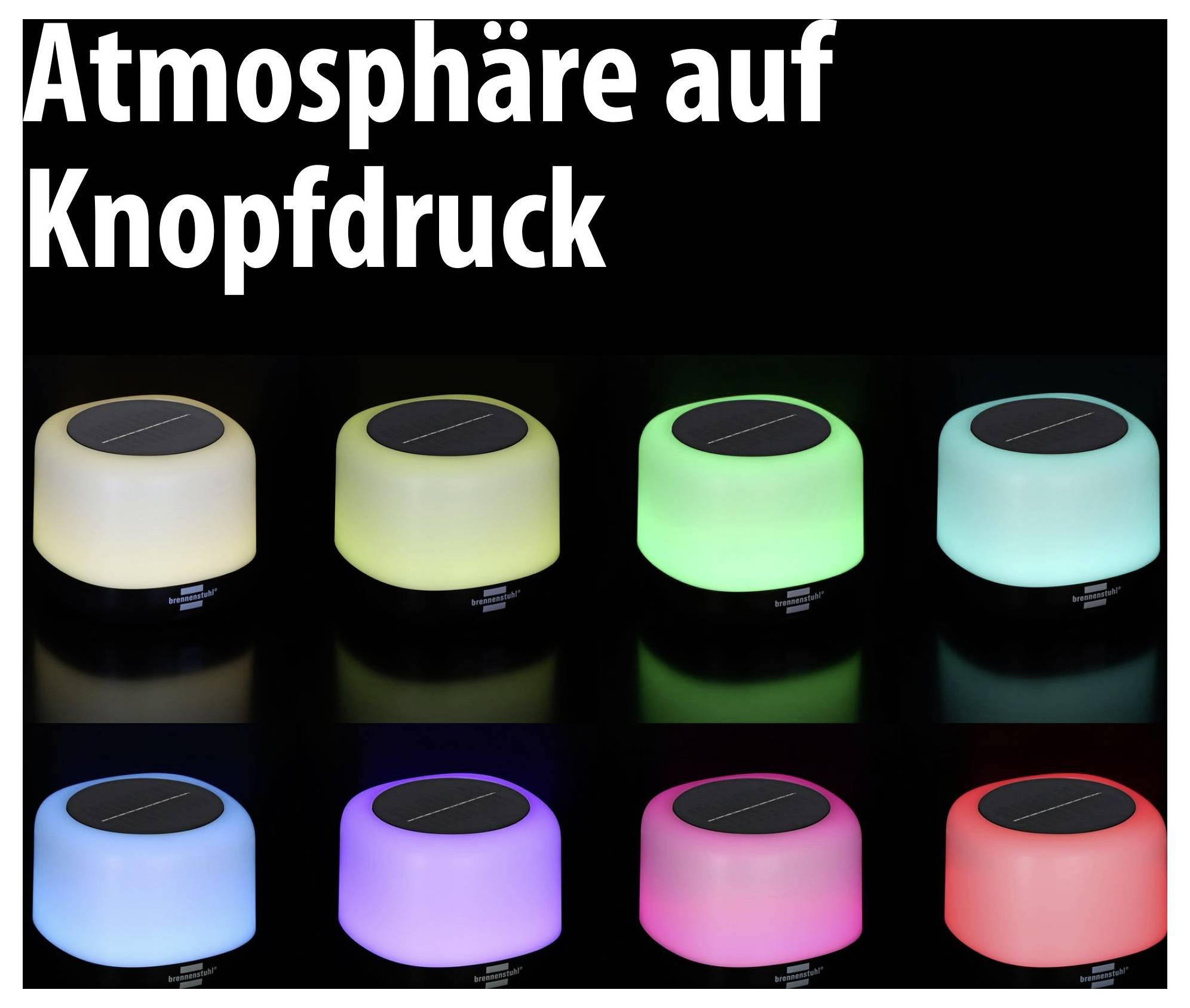 Reklamní grafika s nadpisem „Atmosféra na stisk tlačítka" a osmi zářícími válcovými lampami v různých barvách.