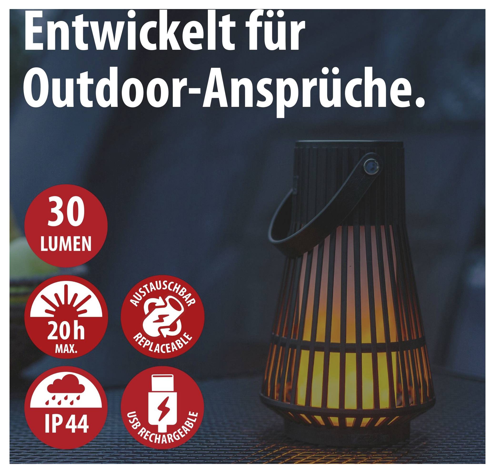 Reklamní obrázek přenosné lucerny pro venkovní použití s textem „Vyvinuto pro venkovní nároky."; uvádí 30 lumenů, max. 20 h, IP44 a nabíjení přes USB, vyměnitelná baterie.