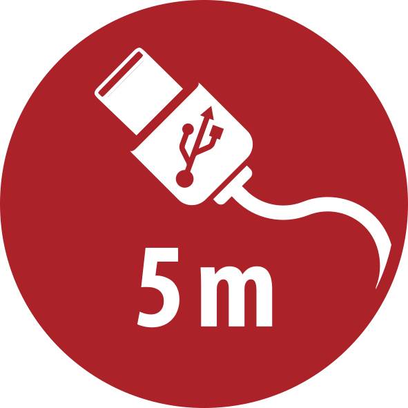 Červená kruhová značka s bílou ikonou kabelu USB a textem „5 m", označující kabel USB dlouhý 5 metrů.