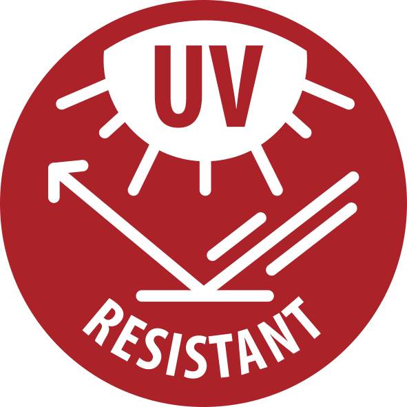 Červený kruhový symbol "ODOLNÝ VŮČI UV ZÁŘENÍ" zobrazující sluneční paprsky a šipku, který naznačuje, že materiál odolává ultrafialovému záření.