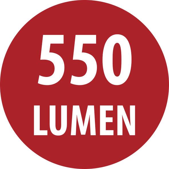 Červený kruhový odznak s bílým textem "550 LUMEN".