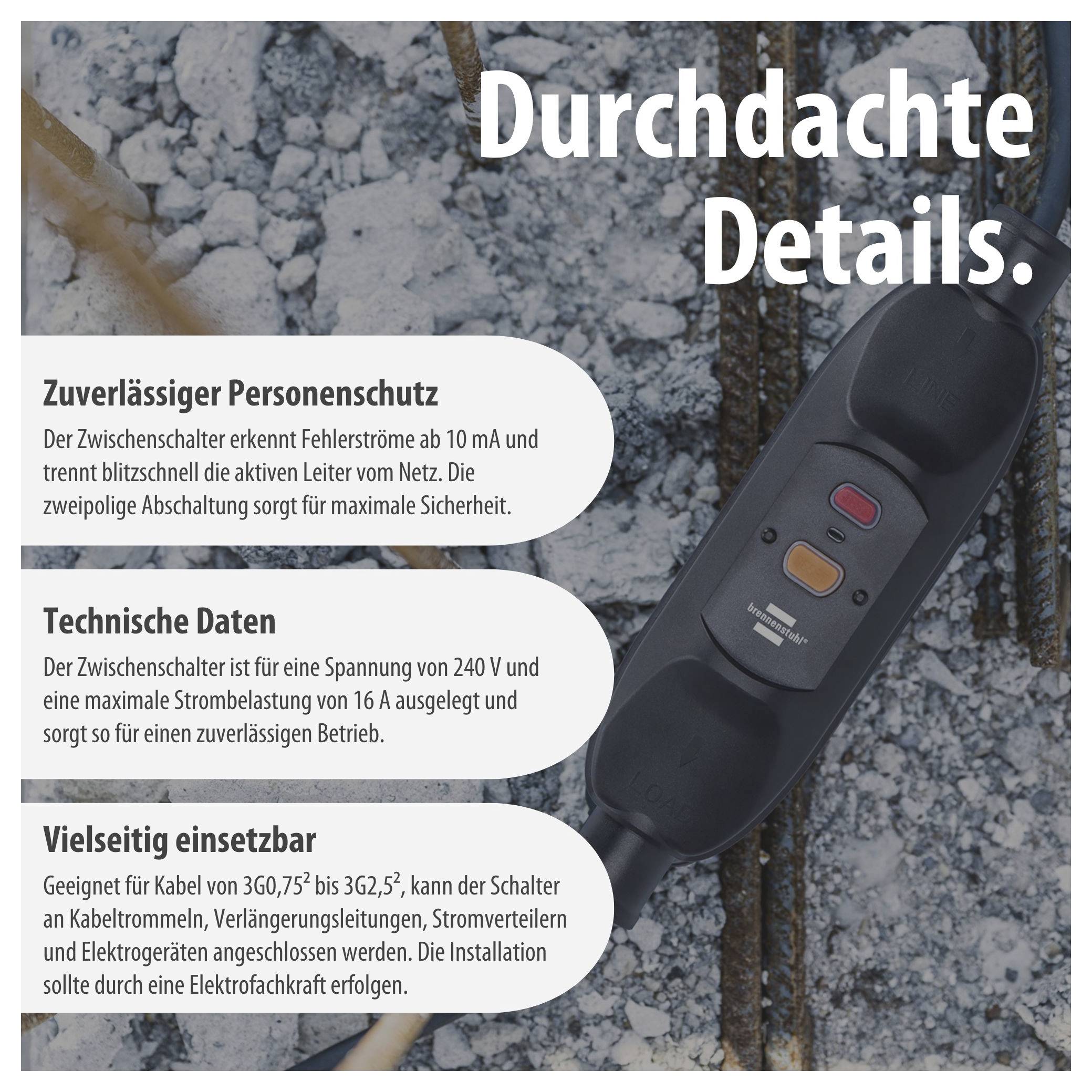 Reklamní plakát pro zásuvku s proudovým chráničem: zdůrazňuje spolehlivou ochranu osob, technické údaje a všestranné možnosti použití.