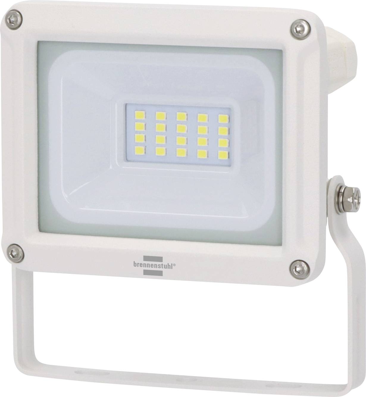 Bílá LED reflektorová lampa s montážním držákem a šrouby na neutrálním pozadí.