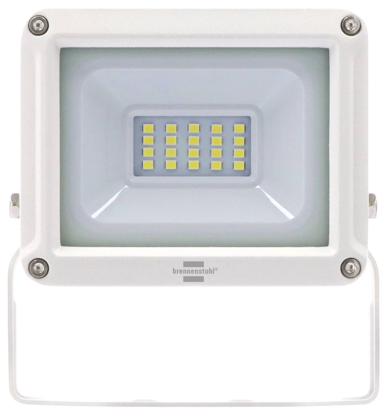 Bílý LED reflektor se středovým obdélníkovým polem LED v čtvercovém pouzdře, zobrazený zepředu s montážními konzolami.