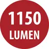 Červený kruhový štítek s bílým textem „1150 LUMEN" označující světelný výstup.
