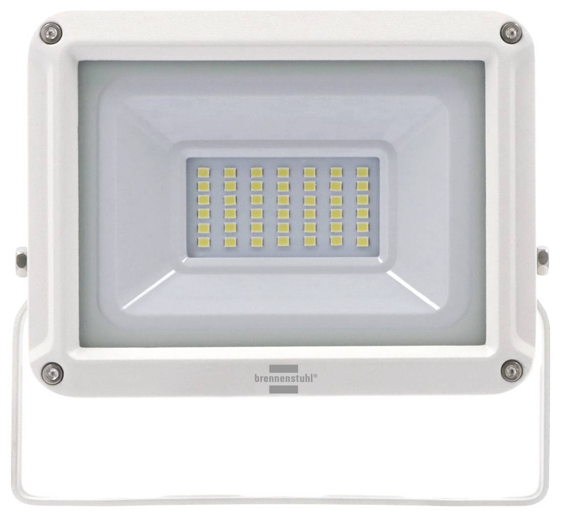 Bílý LED reflektor s obdélníkovým reflektorem a viditelným LED panelem, pohled zepředu na neutrálním pozadí.
