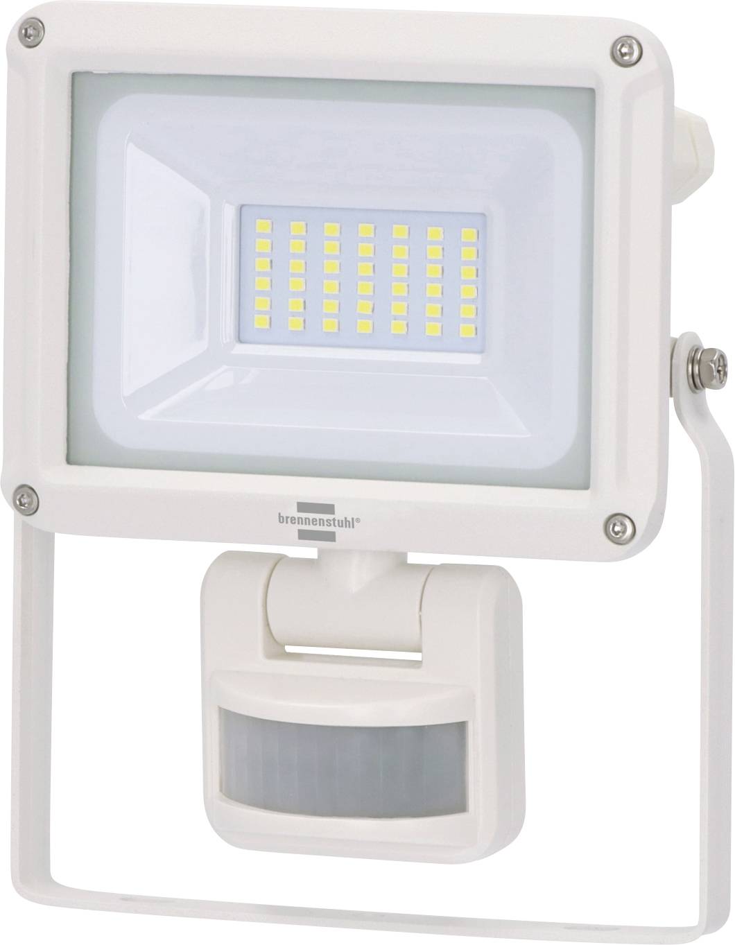 Bílá LED reflektorová svítilna s vestavěným senzorem pohybu na montážním rámu.