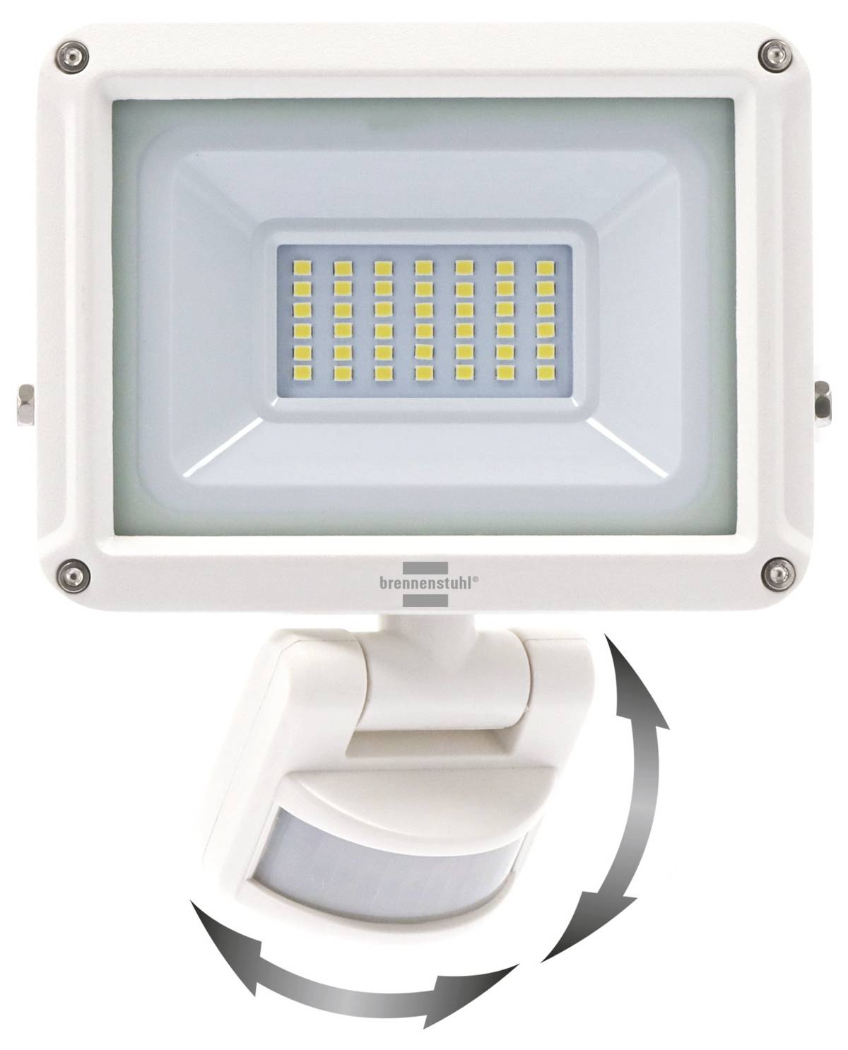 LED reflektor s pohybovým senzorem, zobrazený na otočné podstavě se šipkami označujícími směr nastavitelného sklonu.