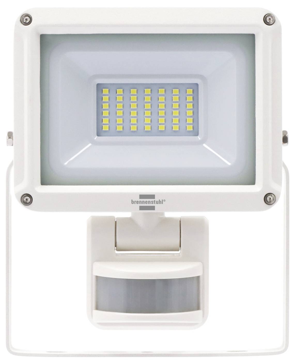 Bílý LED reflektor s přiloženým senzorem pohybu dole, zobrazeno z přední strany na jednobarevném pozadí.