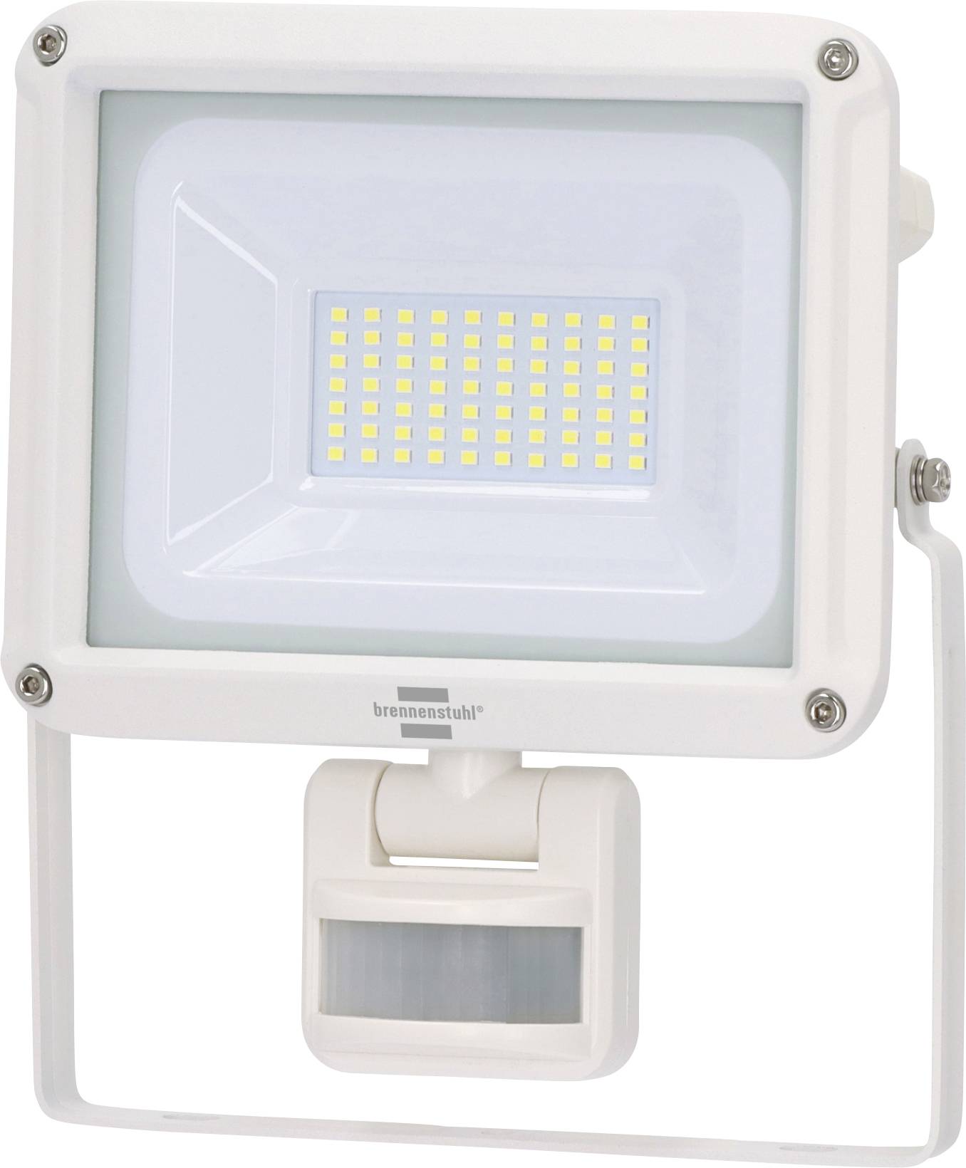 Bílá LED reflektorová lampa se senzorem pohybu namontovaná na U-tvaru konzoly.
