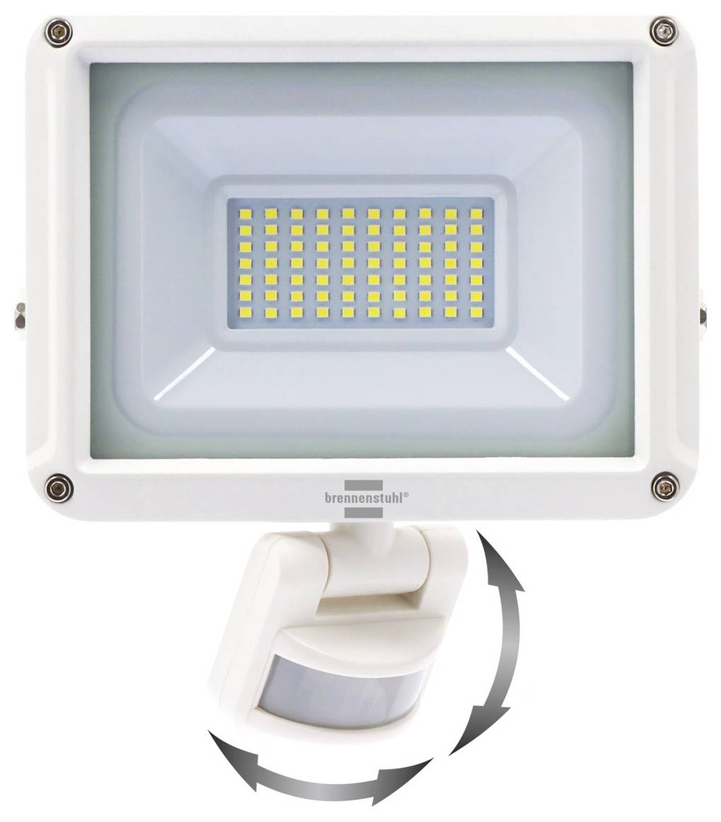 Bílé LED reflektory s detektorem pohybu, zobrazené na nastavitelném držáku s zakřivenými šipkami indicujícími naklápění nebo rotaci.