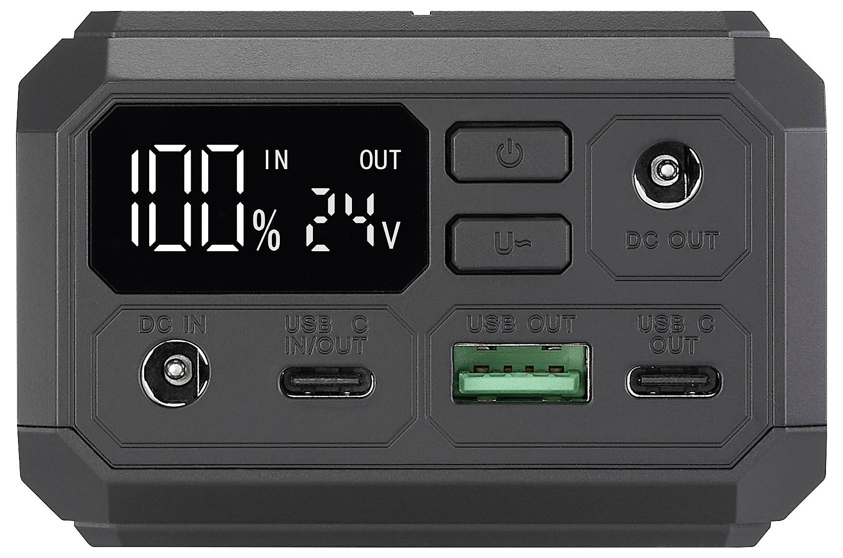 Přední panel přenosné elektrárny ukazující 100% nabití, výstup 24V, tlačítka napájení a USB, konektory DC vstup/výstup a porty USB-C/USB-A.